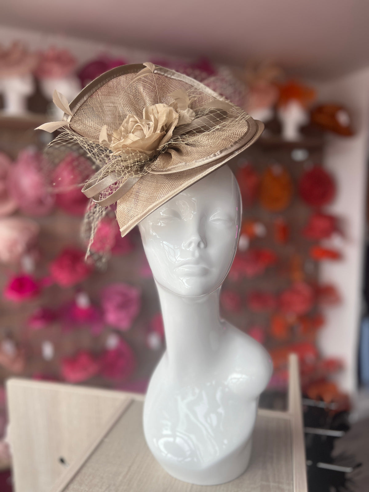 Bronze Disc Fascinator with Fabric Rose &amp; Netting-Fascinators Direct