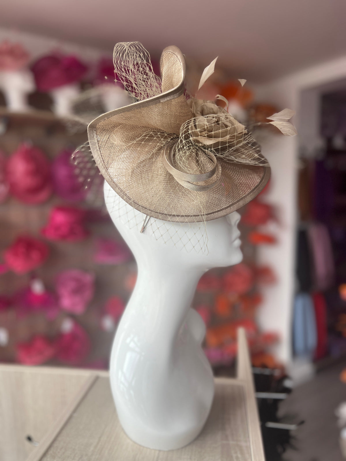 Bronze Disc Fascinator with Fabric Rose &amp; Netting-Fascinators Direct