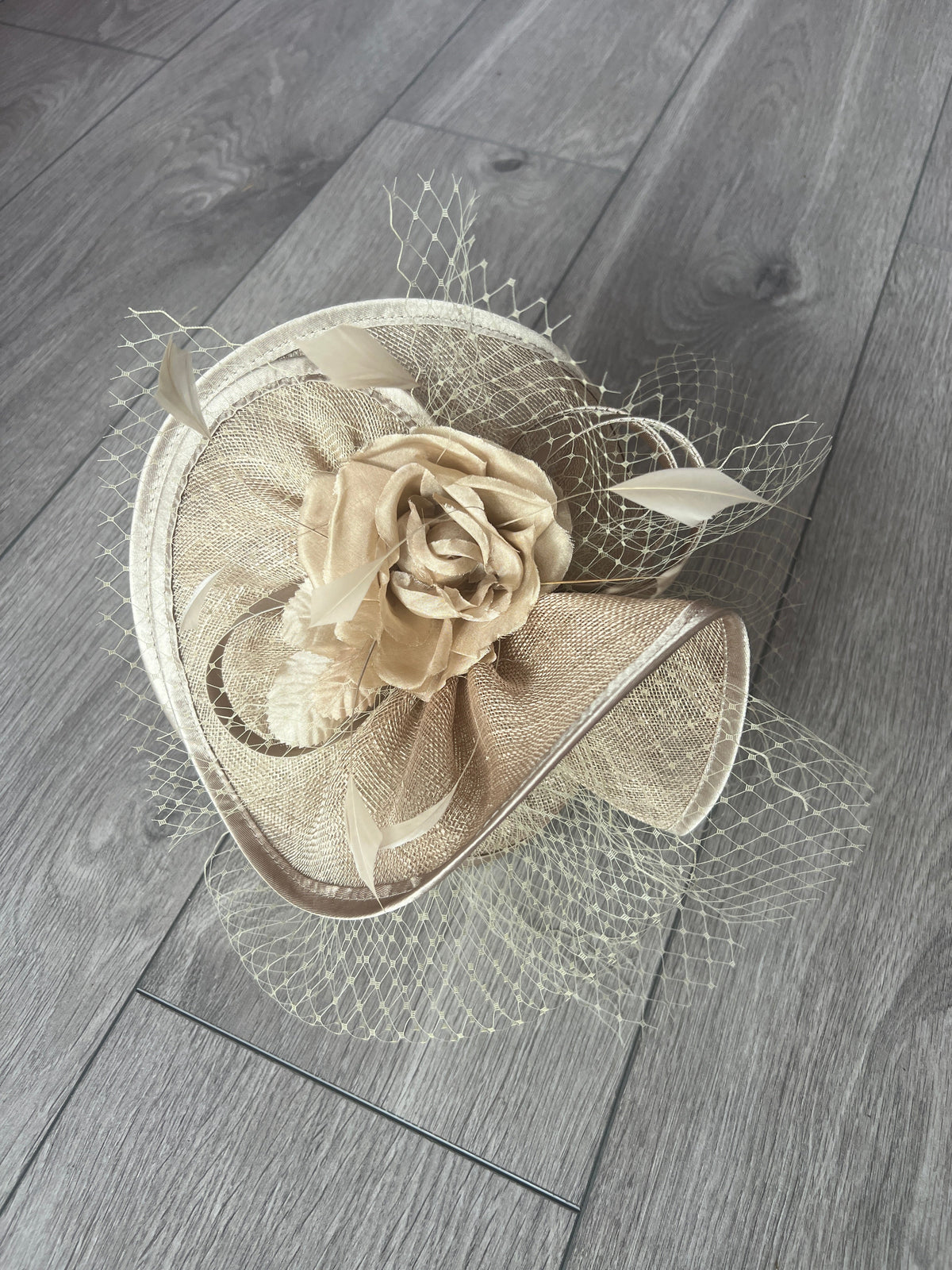 Bronze Disc Fascinator with Fabric Rose &amp; Netting-Fascinators Direct