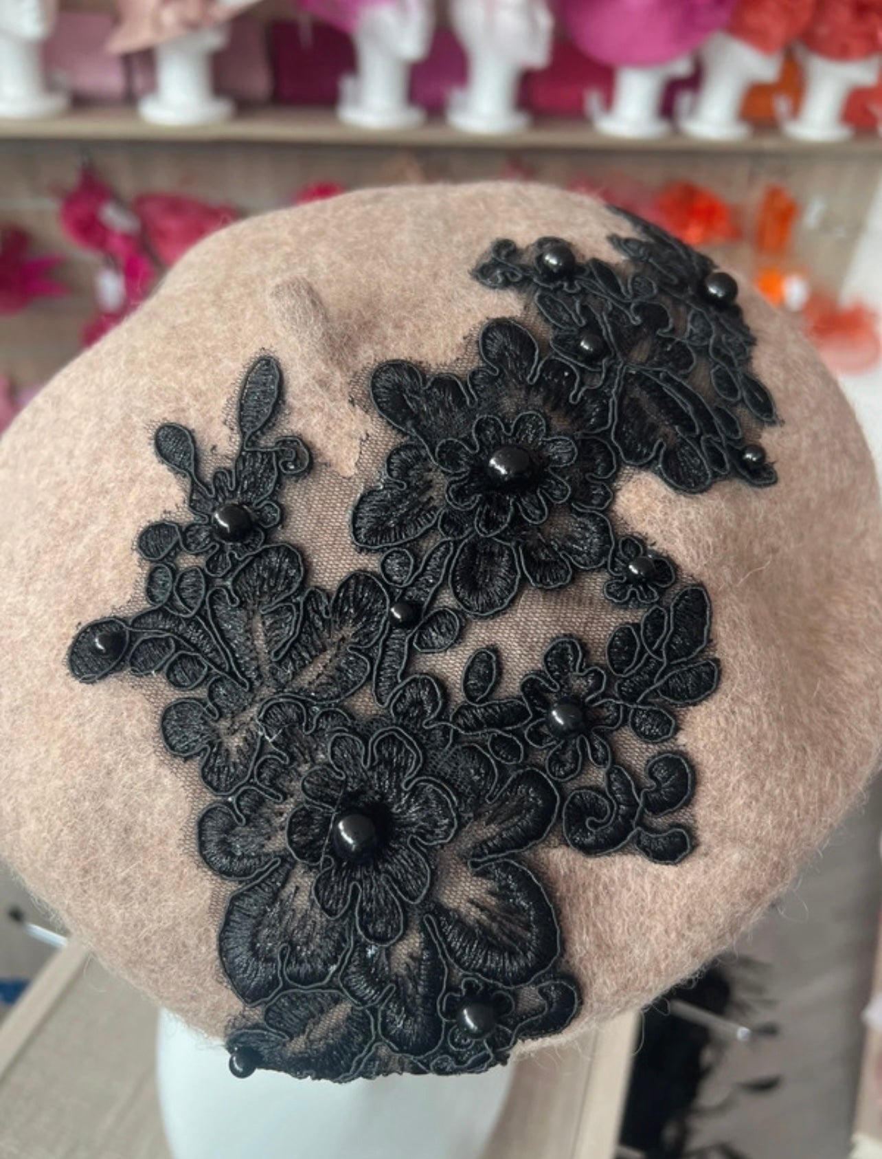 Brown Beret Hat With Lace & Pearls Detail-Fascinators Direct