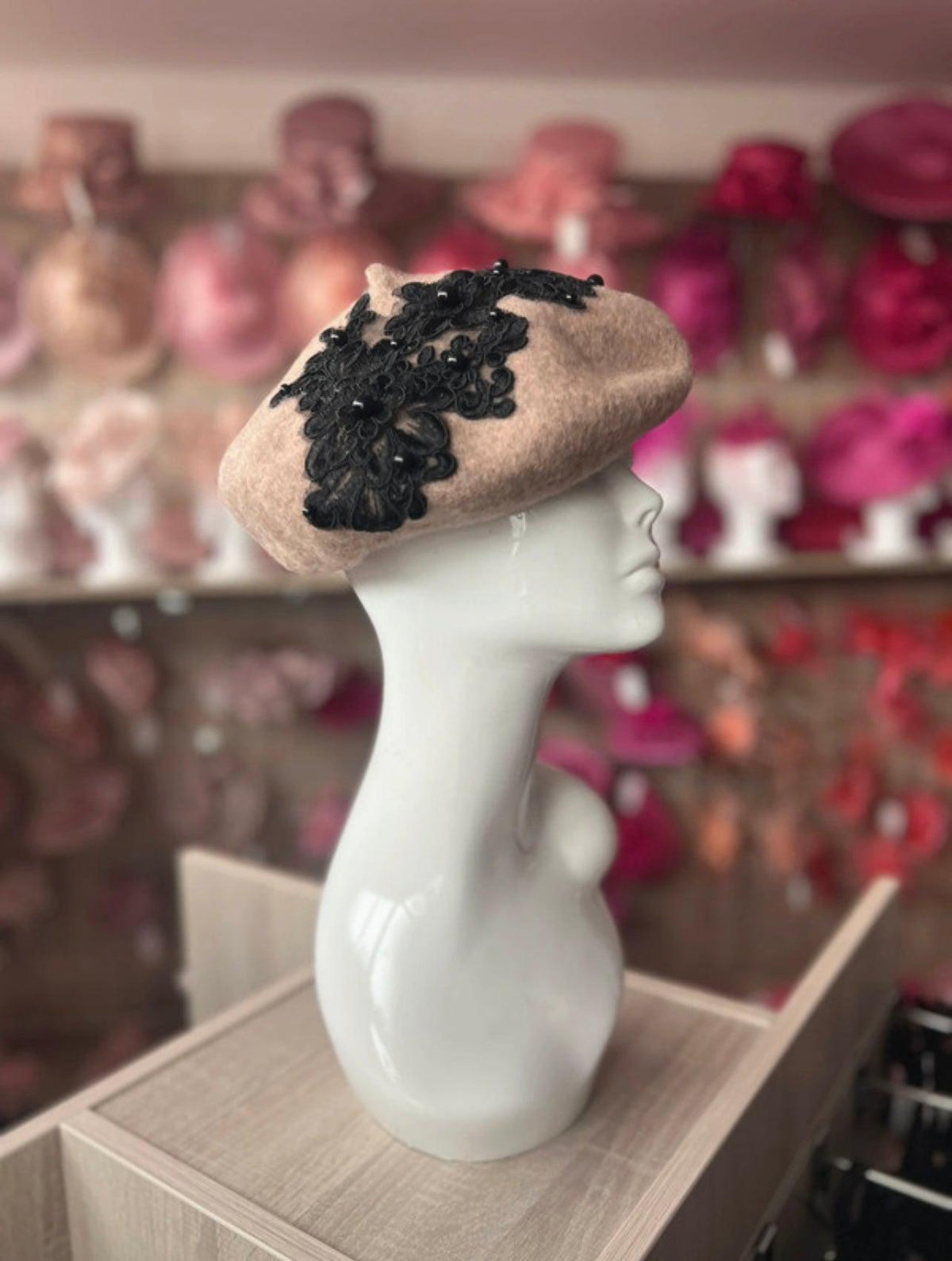 Brown Beret Hat With Lace &amp; Pearls Detail-Fascinators Direct