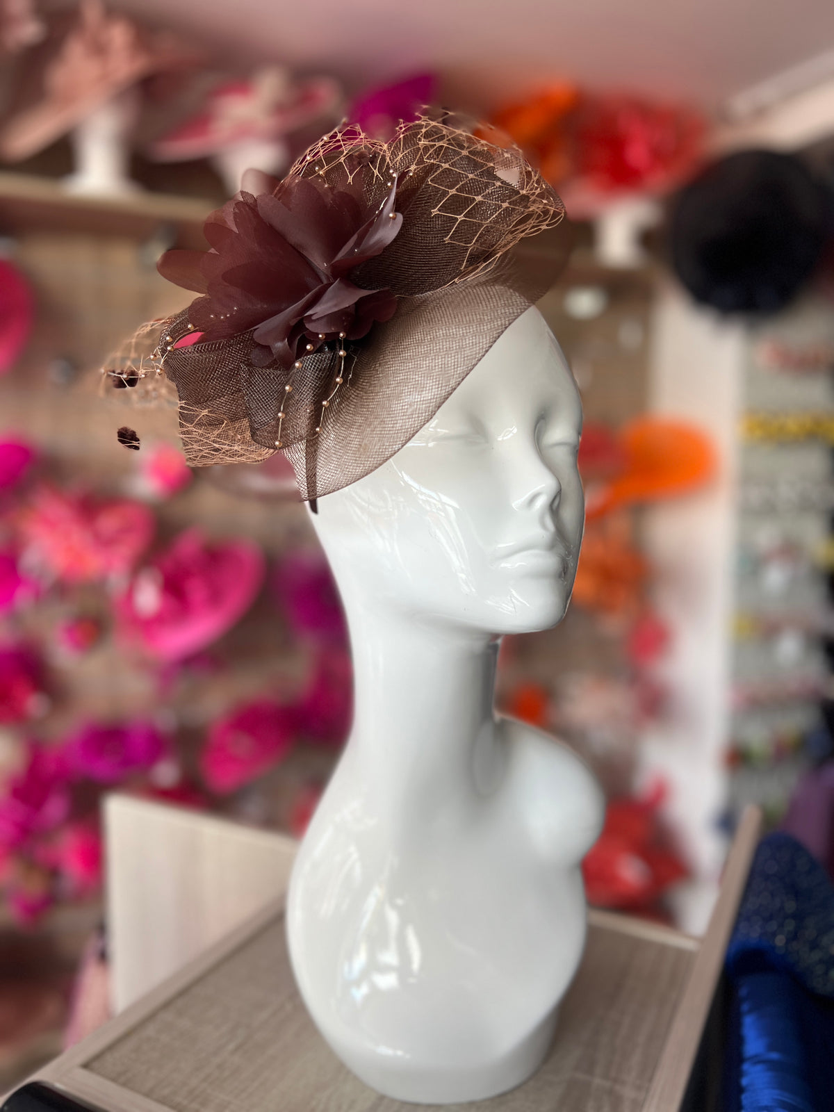 Brown Crinoline Saucer Fascinator Satin Flower &amp; Beads-Fascinators Direct