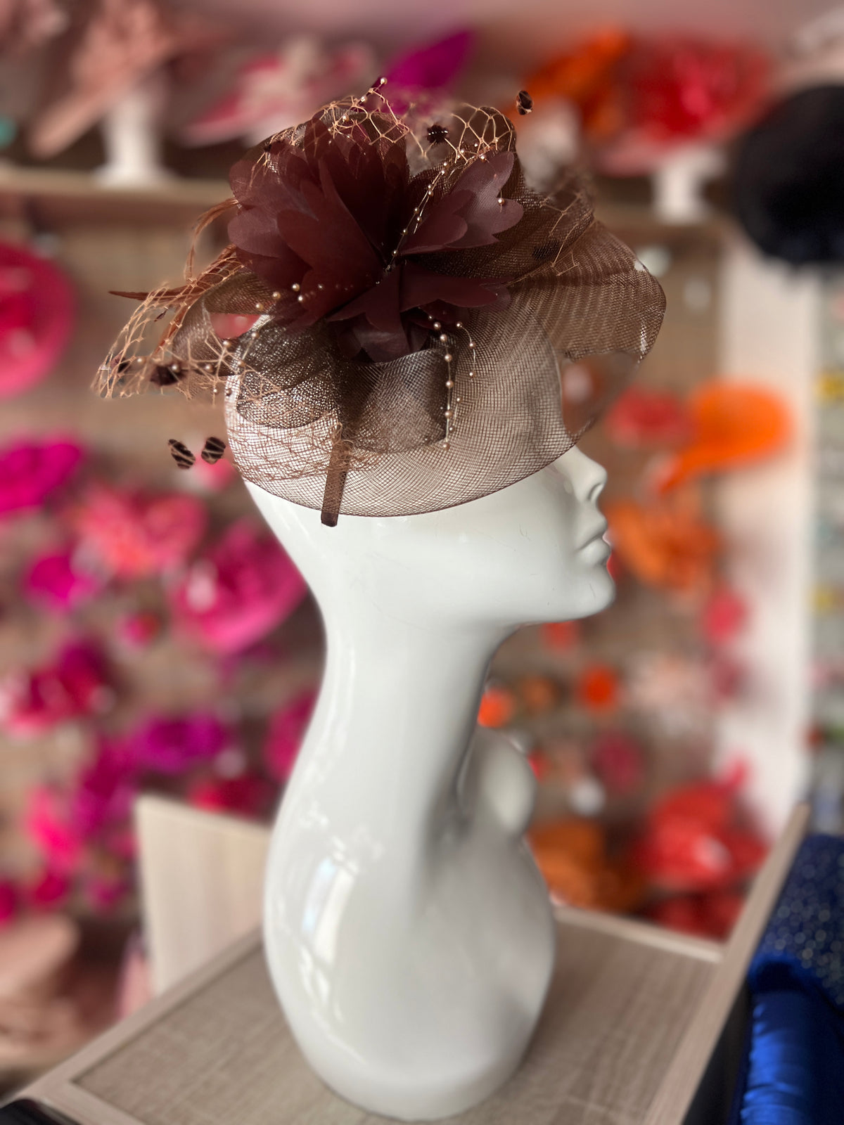 Brown Crinoline Saucer Fascinator Satin Flower &amp; Beads-Fascinators Direct