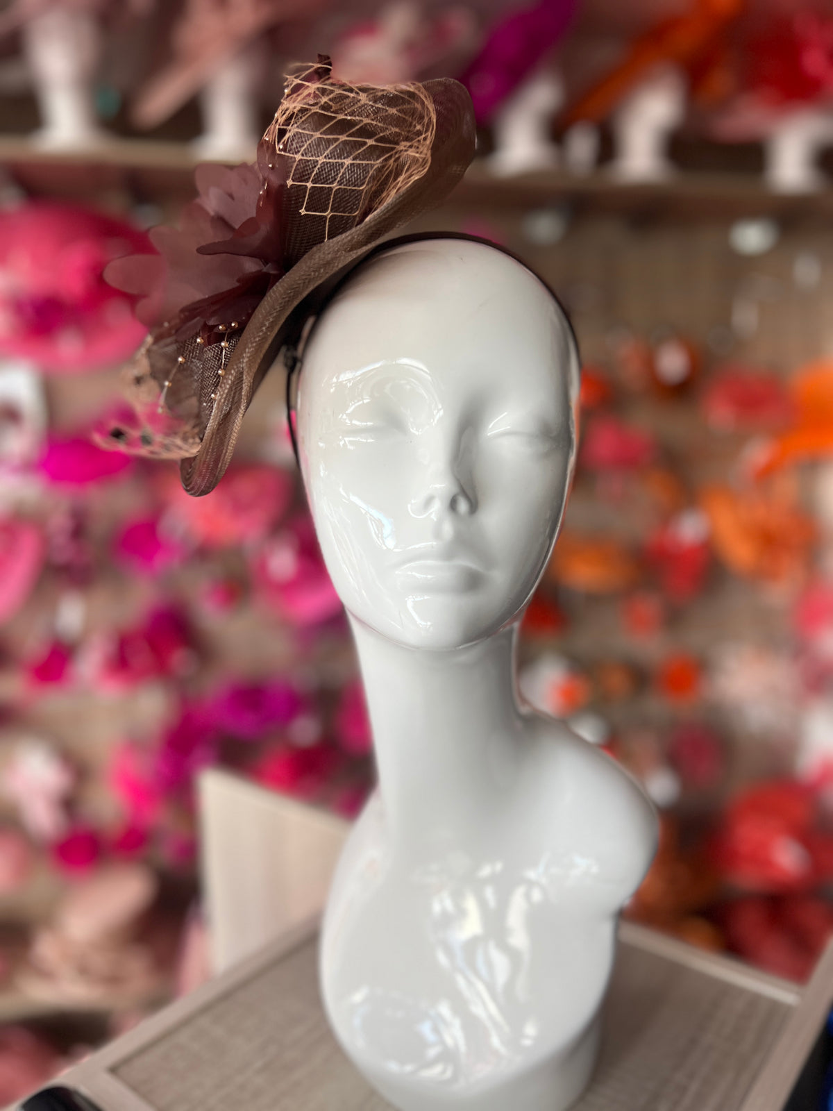 Brown Crinoline Saucer Fascinator Satin Flower &amp; Beads-Fascinators Direct