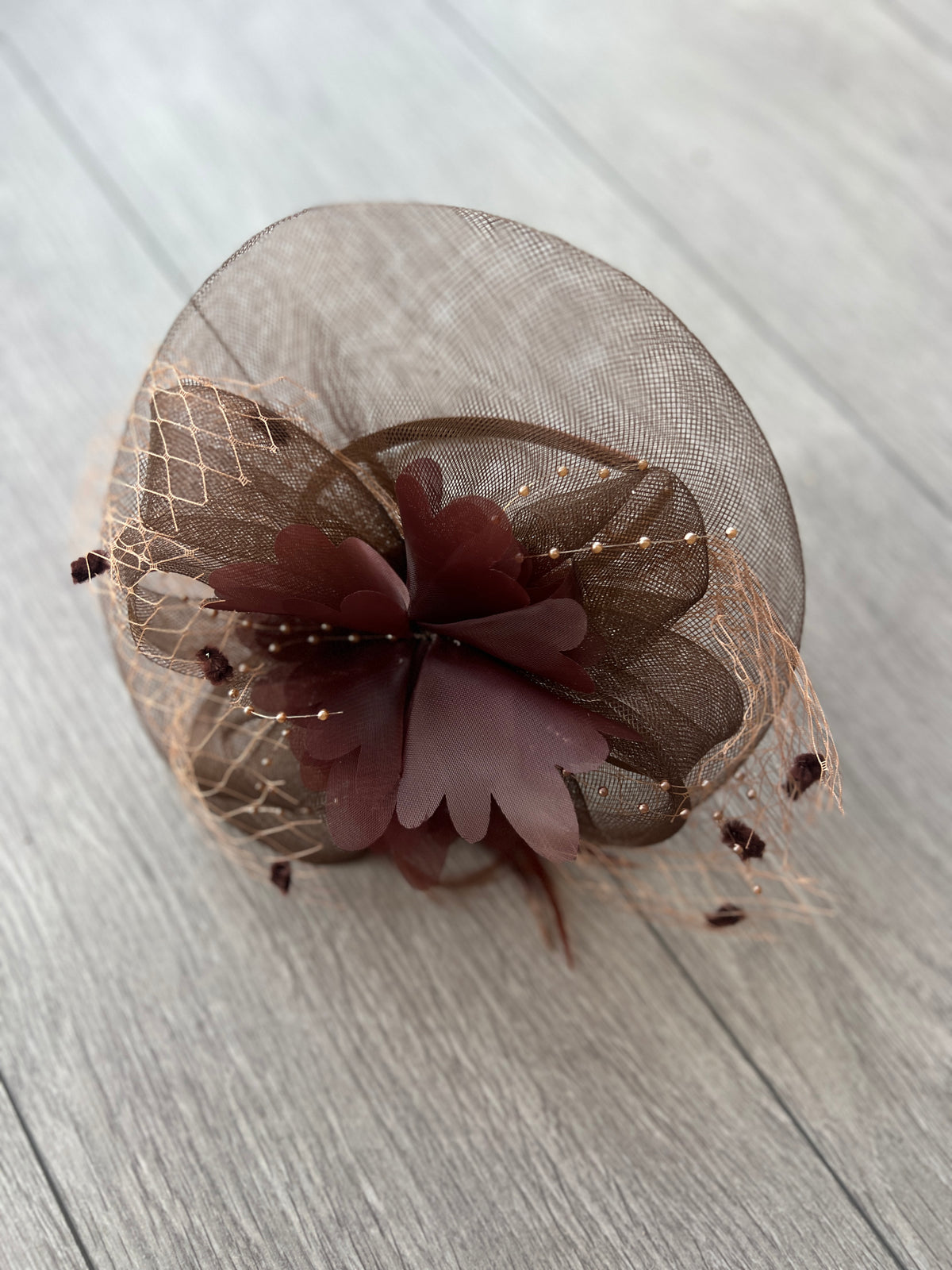 Brown Crinoline Saucer Fascinator Satin Flower &amp; Beads-Fascinators Direct