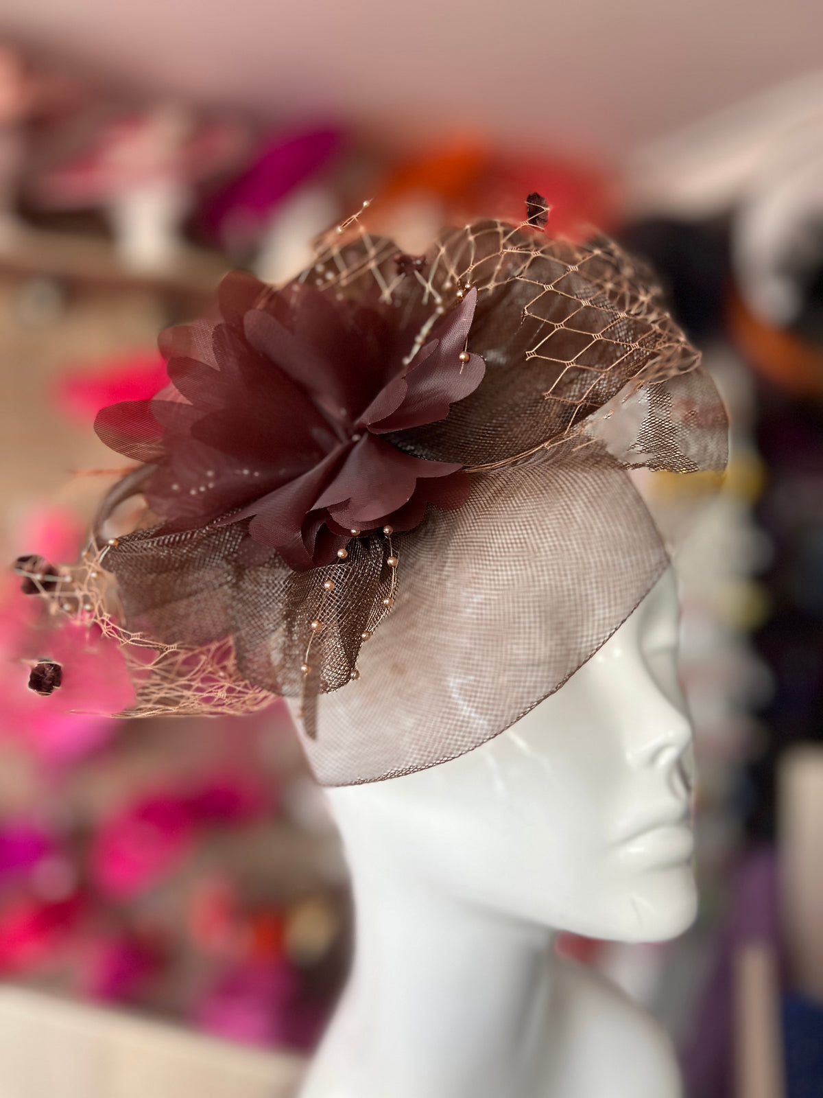 Brown Crinoline Saucer Fascinator Satin Flower &amp; Beads-Fascinators Direct