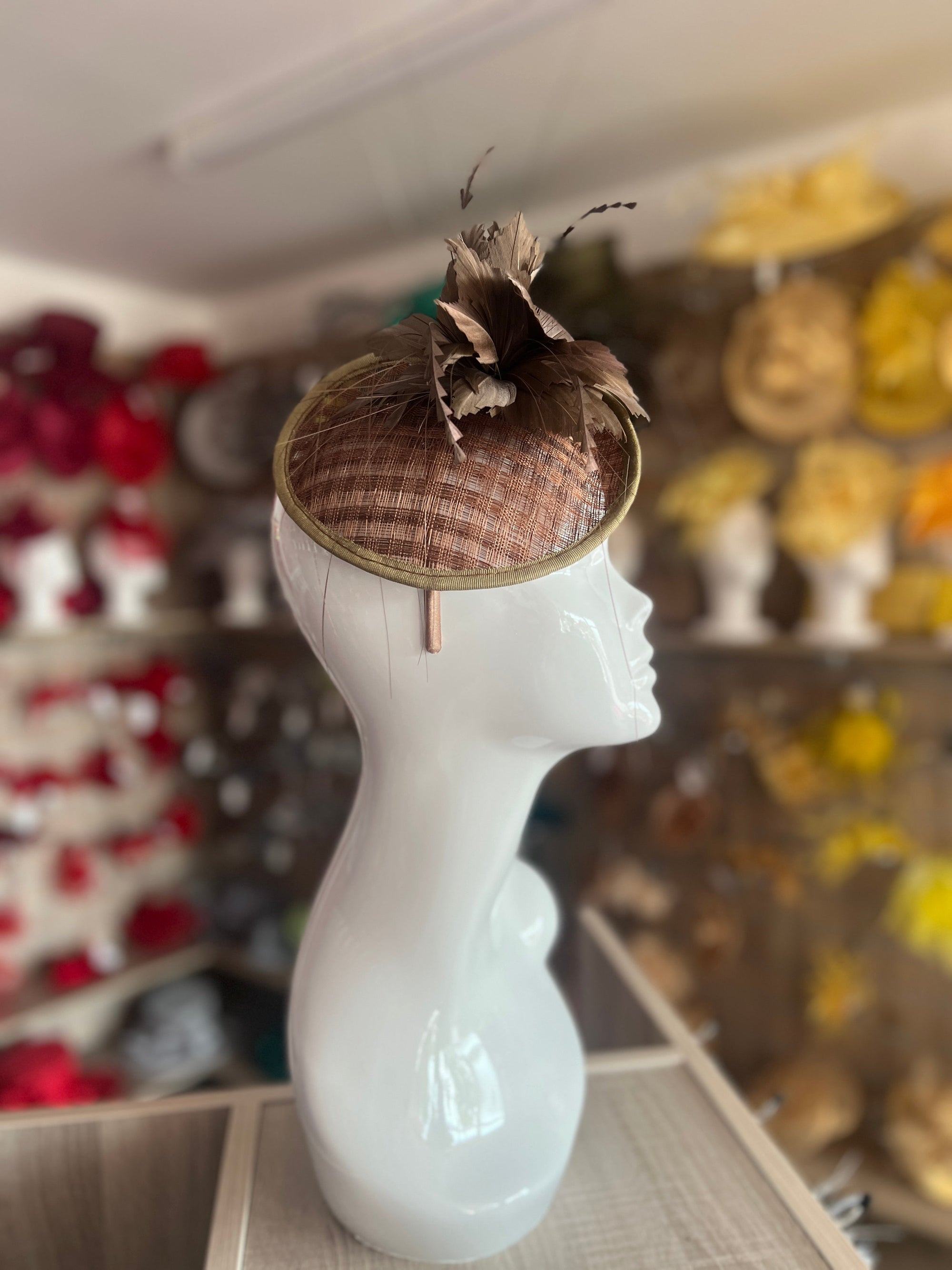 Brown Disc Fascinator Hat with Woven Sinamay & Feather Flower-Fascinators Direct