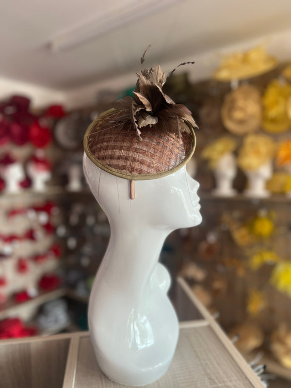 Brown deals sinamay fascinator with brown silk peony