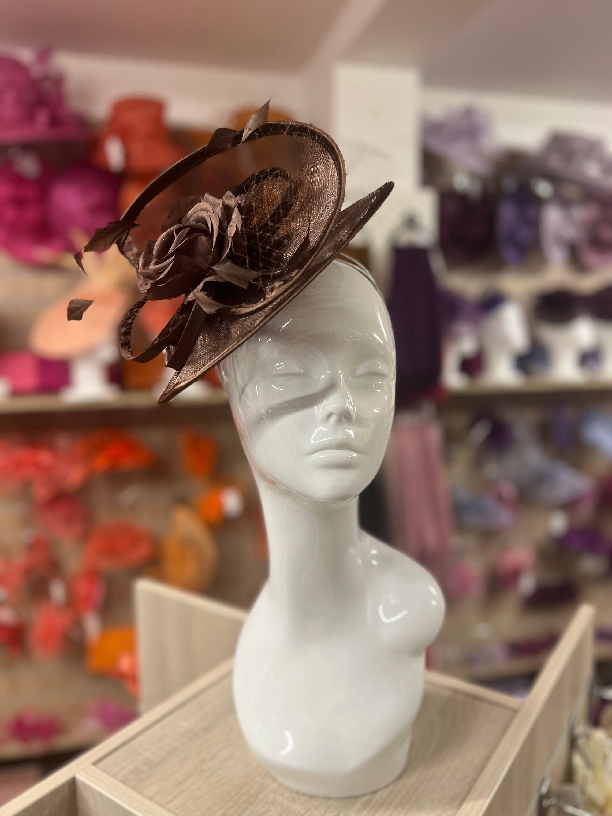 Brown Disc Fascinator with Fabric Rose & Netting-Fascinators Direct