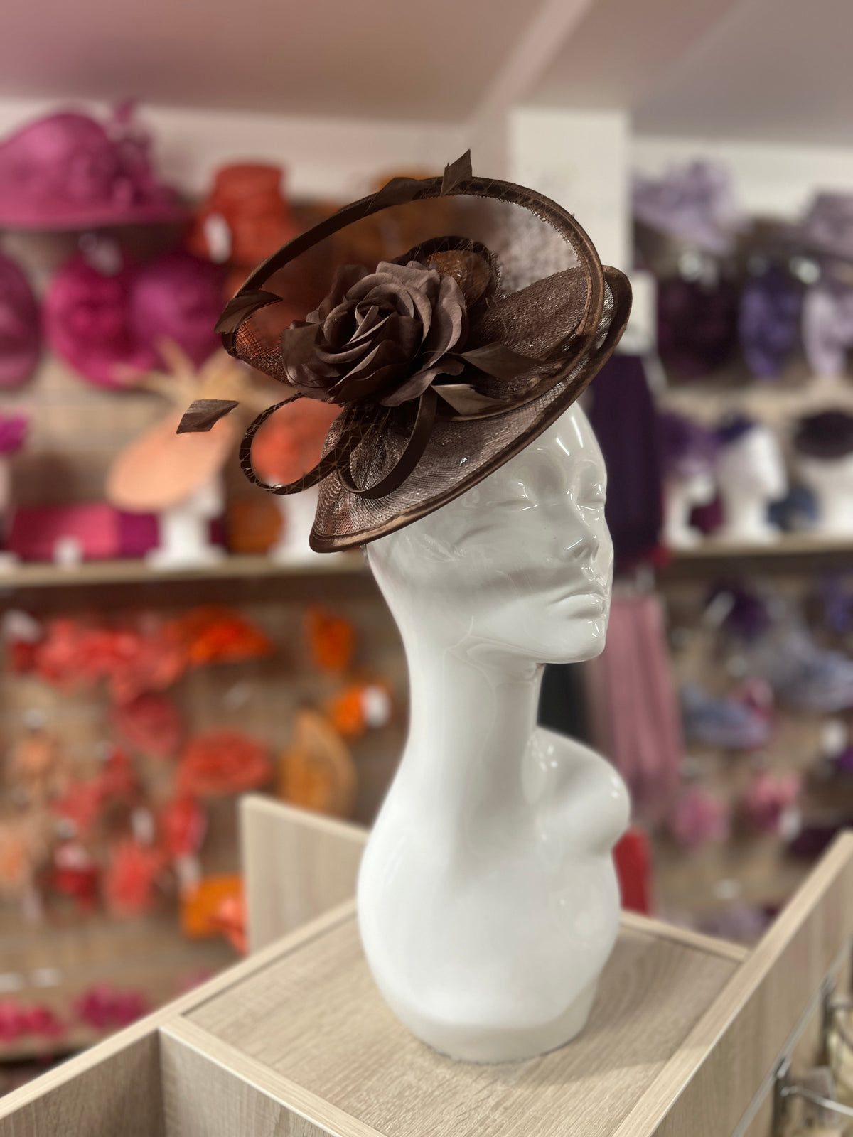 Brown Disc Fascinator with Fabric Rose &amp; Netting-Fascinators Direct