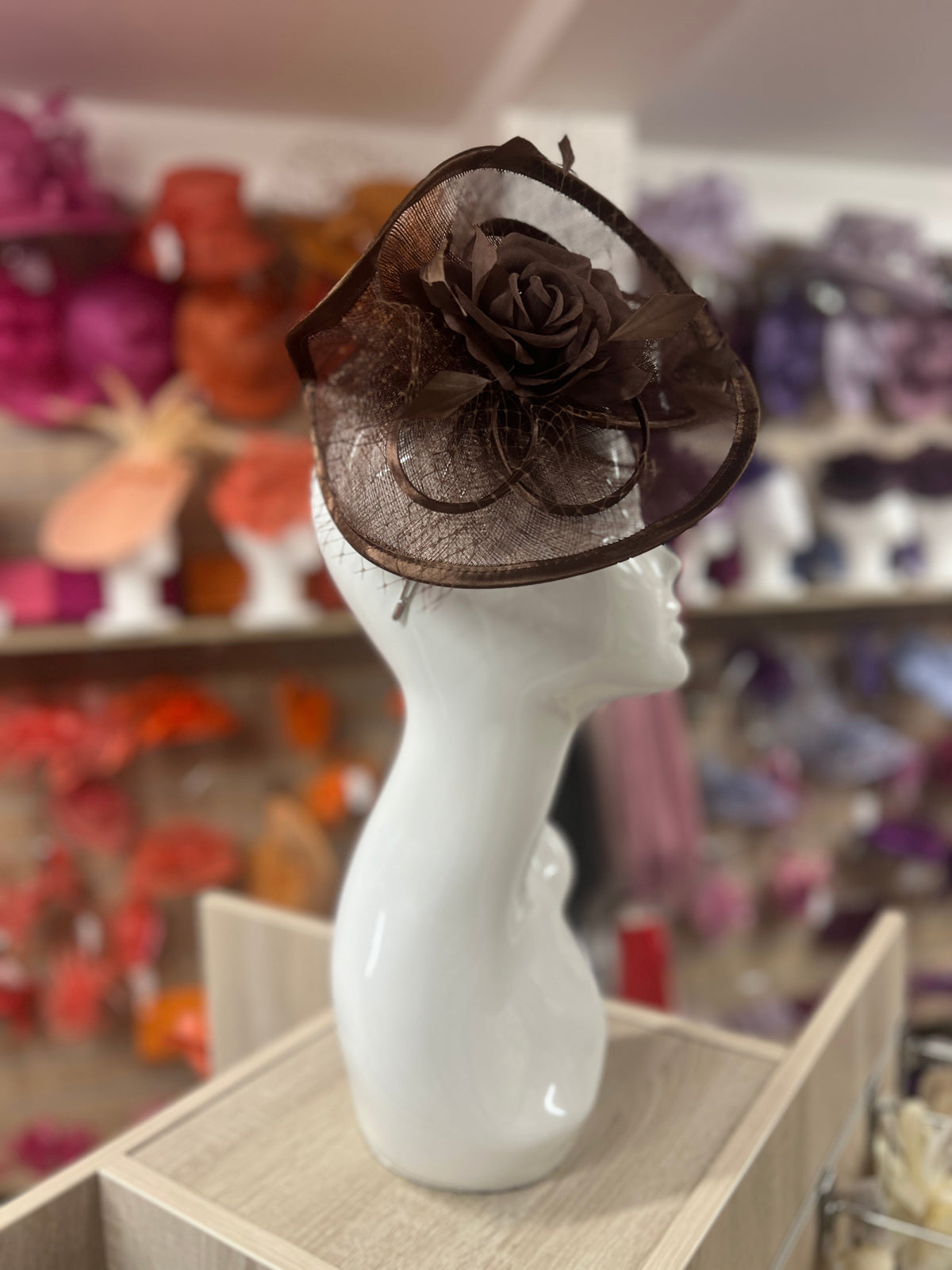Brown Disc Fascinator with Fabric Rose &amp; Netting-Fascinators Direct