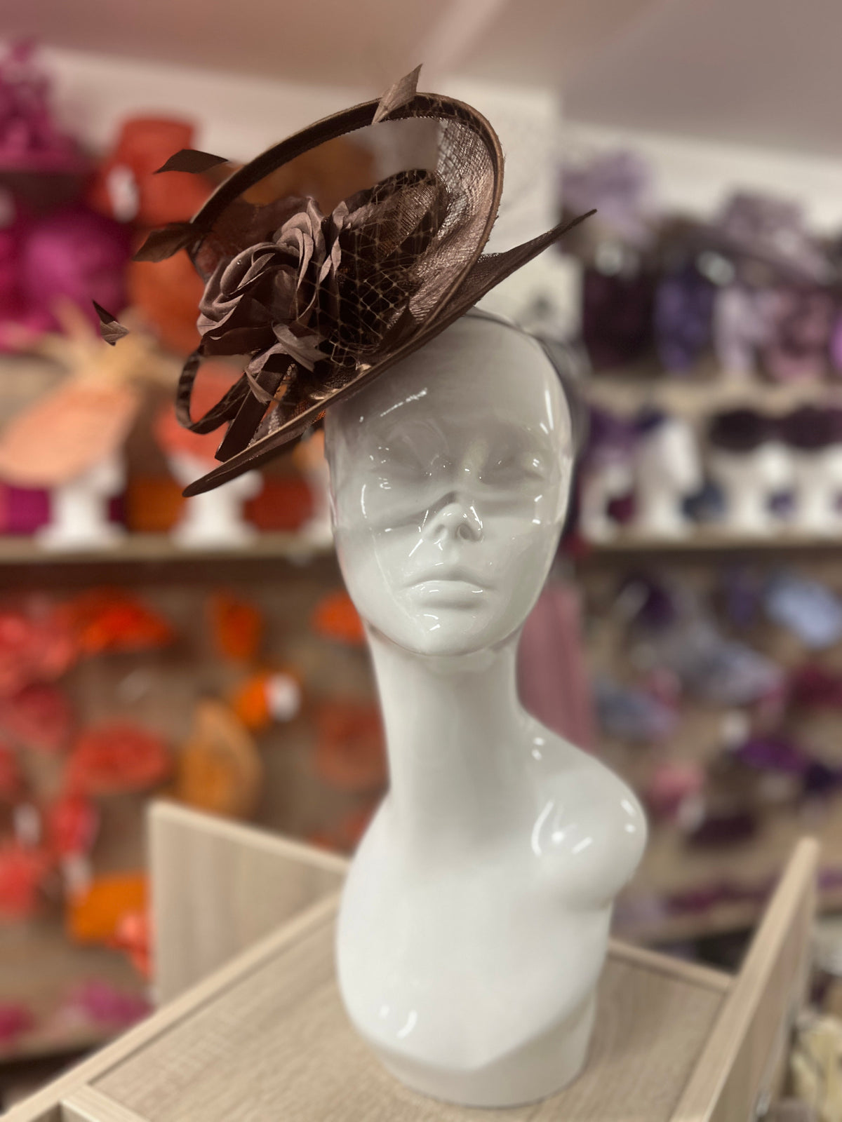 Brown Disc Fascinator with Fabric Rose &amp; Netting-Fascinators Direct
