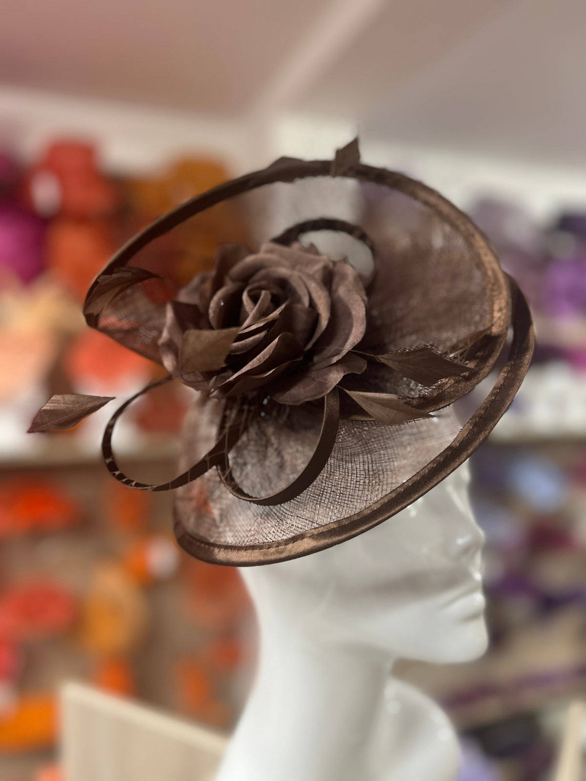Brown Disc Fascinator with Fabric Rose &amp; Netting-Fascinators Direct
