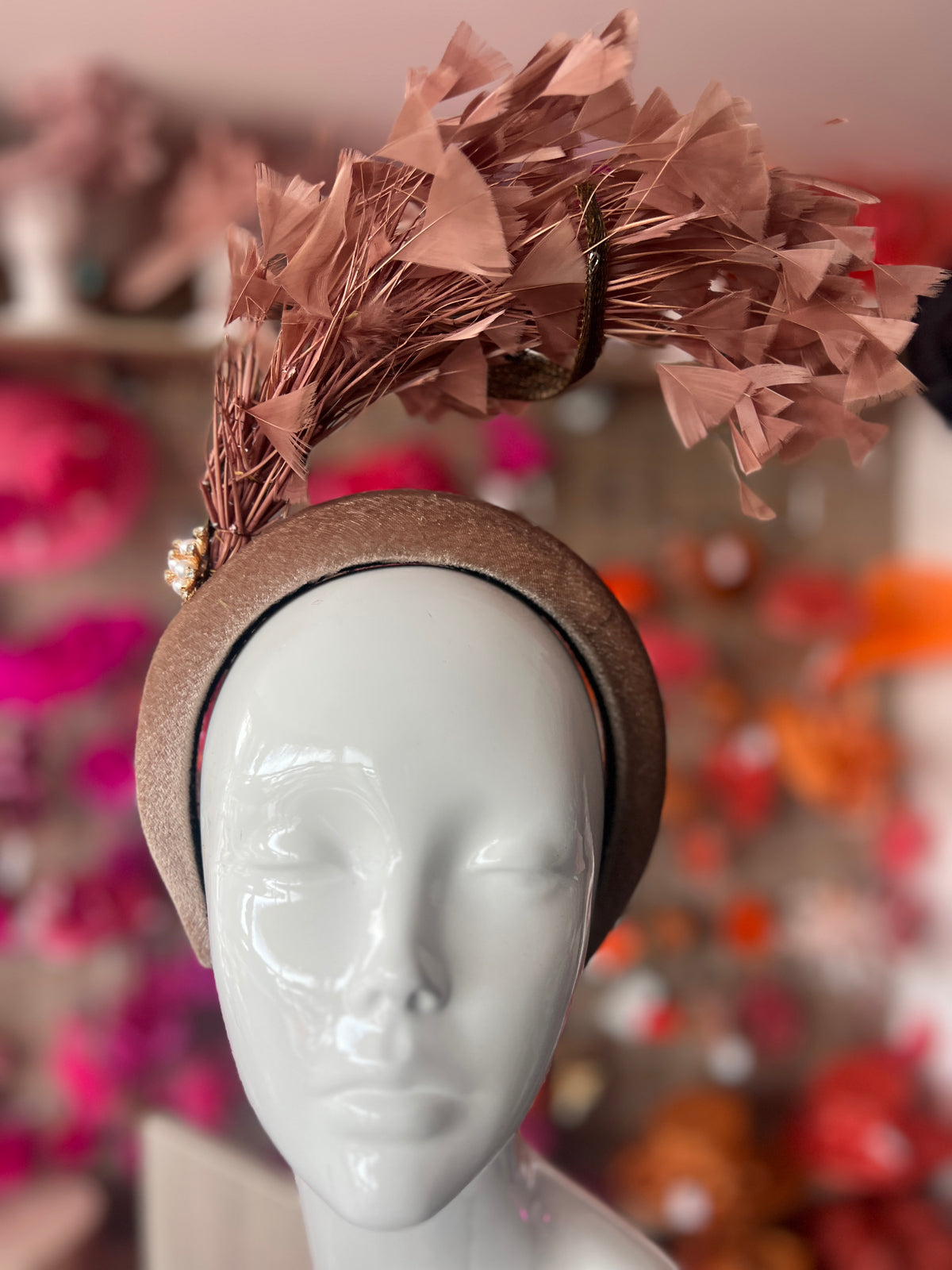Brown Feather Velvet Padded Headband Fascinator With Diamante &amp; Pearl Cluster-Fascinators Direct