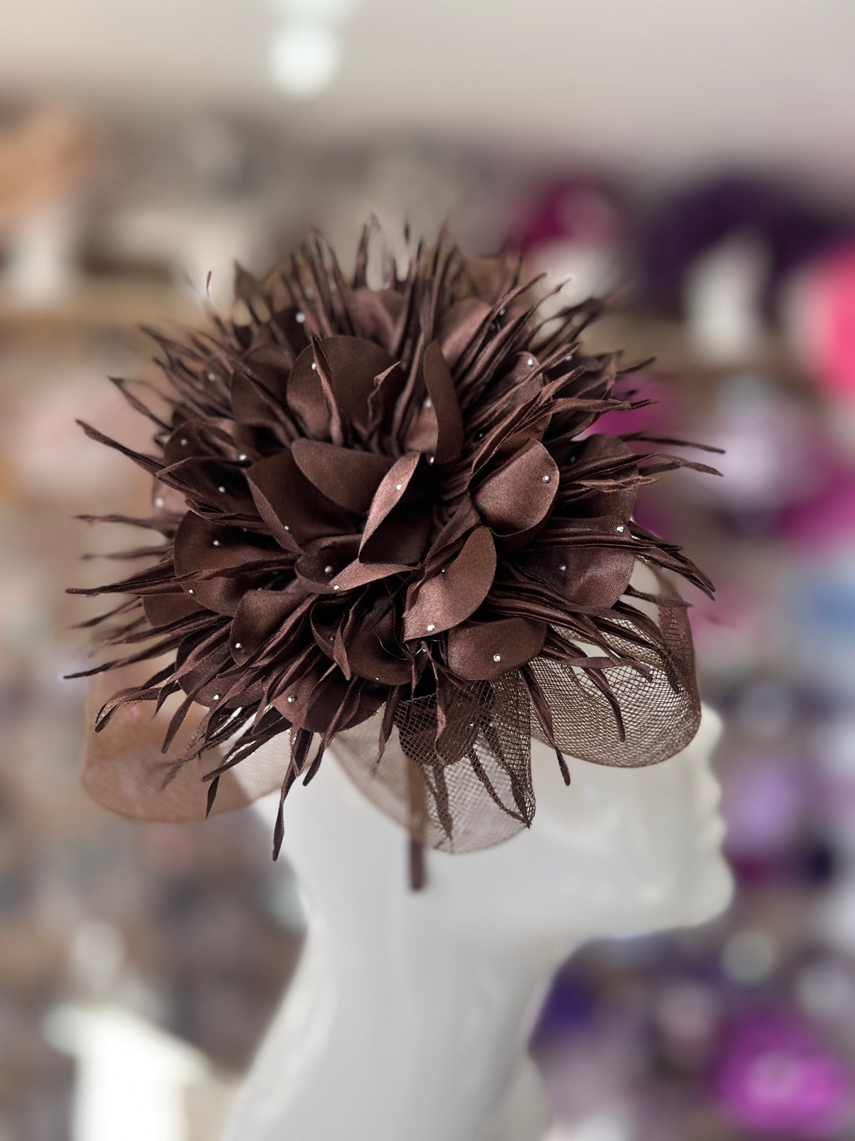 Brown Hair Fascinator with Satin Flower &amp; Diamantés-Fascinators Direct