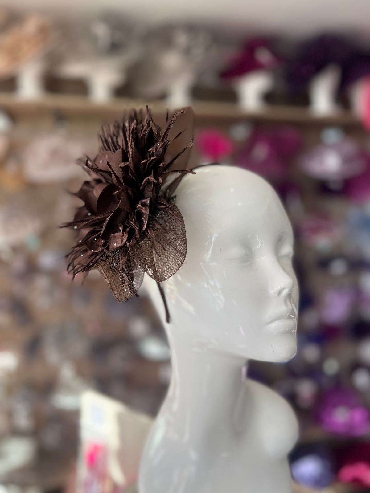 Brown Hair Fascinator with Satin Flower &amp; Diamantés-Fascinators Direct