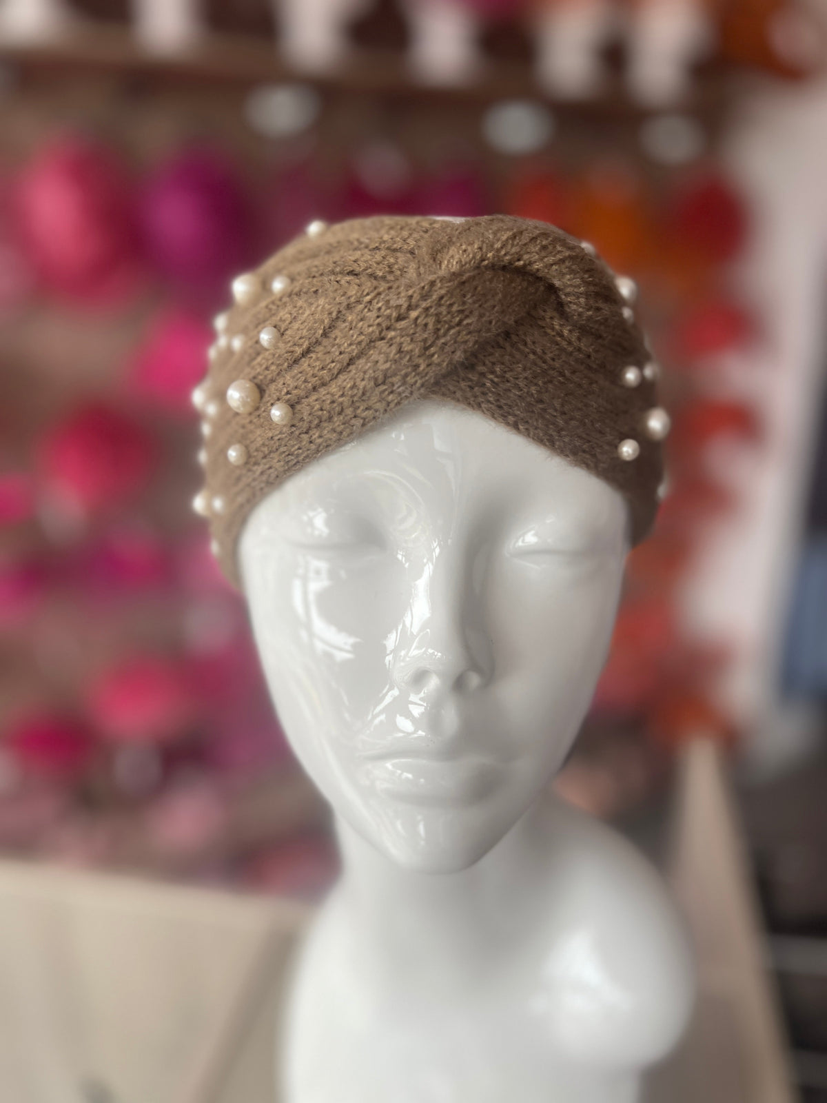 Brown Knitted Headband Ear Warmer With Assorted Pearls-Fascinators Direct