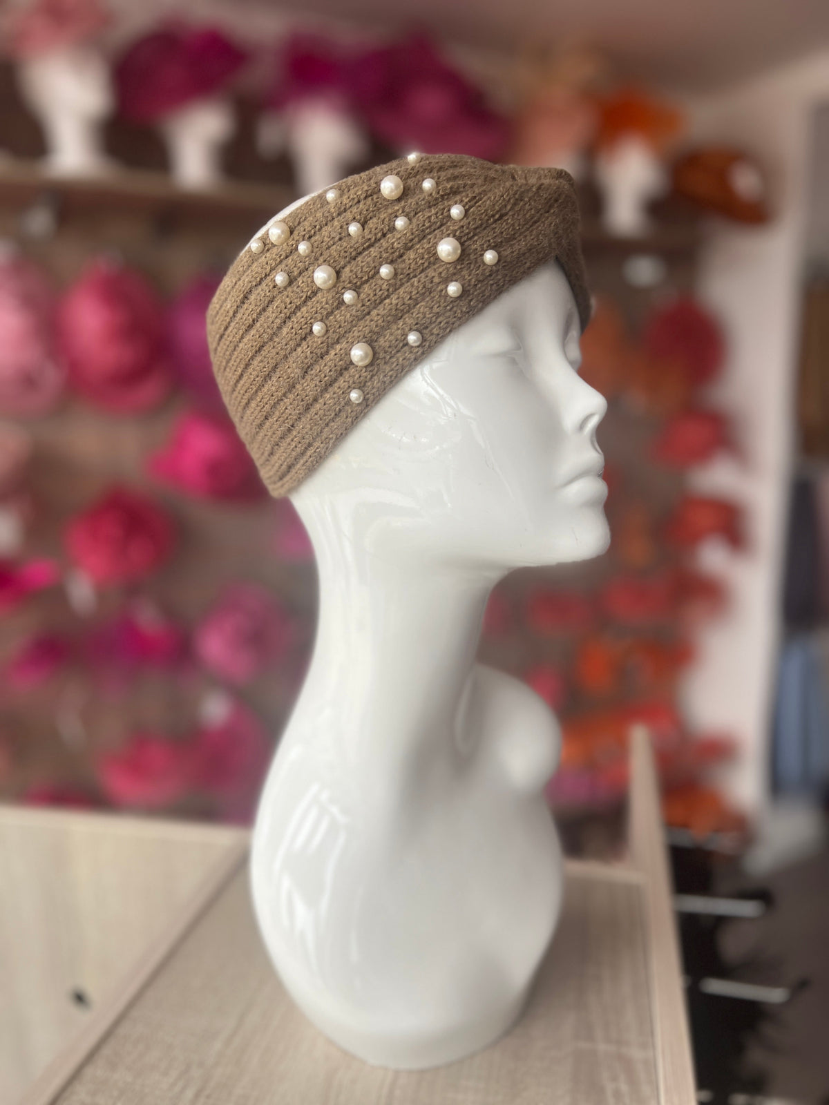 Brown Knitted Headband Ear Warmer With Assorted Pearls-Fascinators Direct