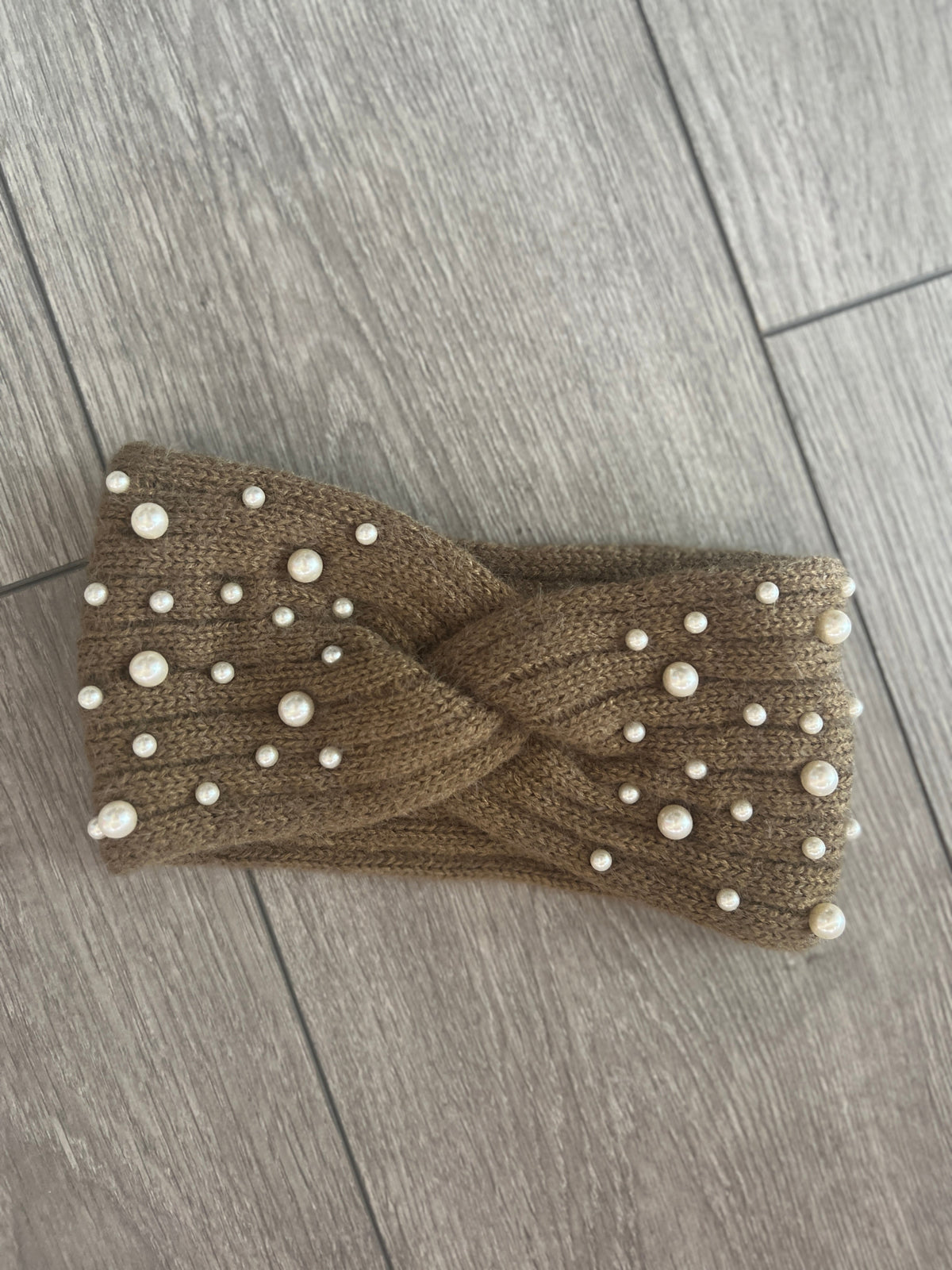 Brown Knitted Headband Ear Warmer With Assorted Pearls-Fascinators Direct