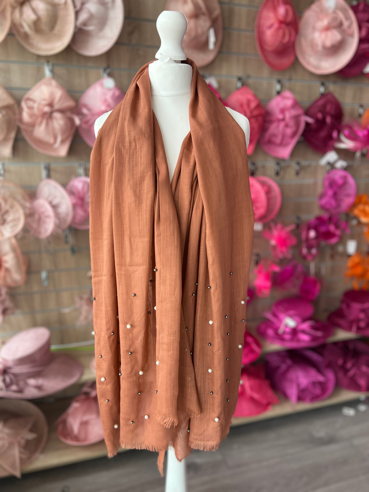 Brown Pashmina Scarf With Pearl &amp;Bead Detail-Fascinators Direct