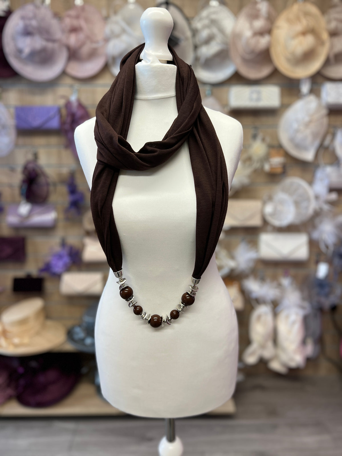Brown Scarf Necklace With Beads-Fascinators Direct