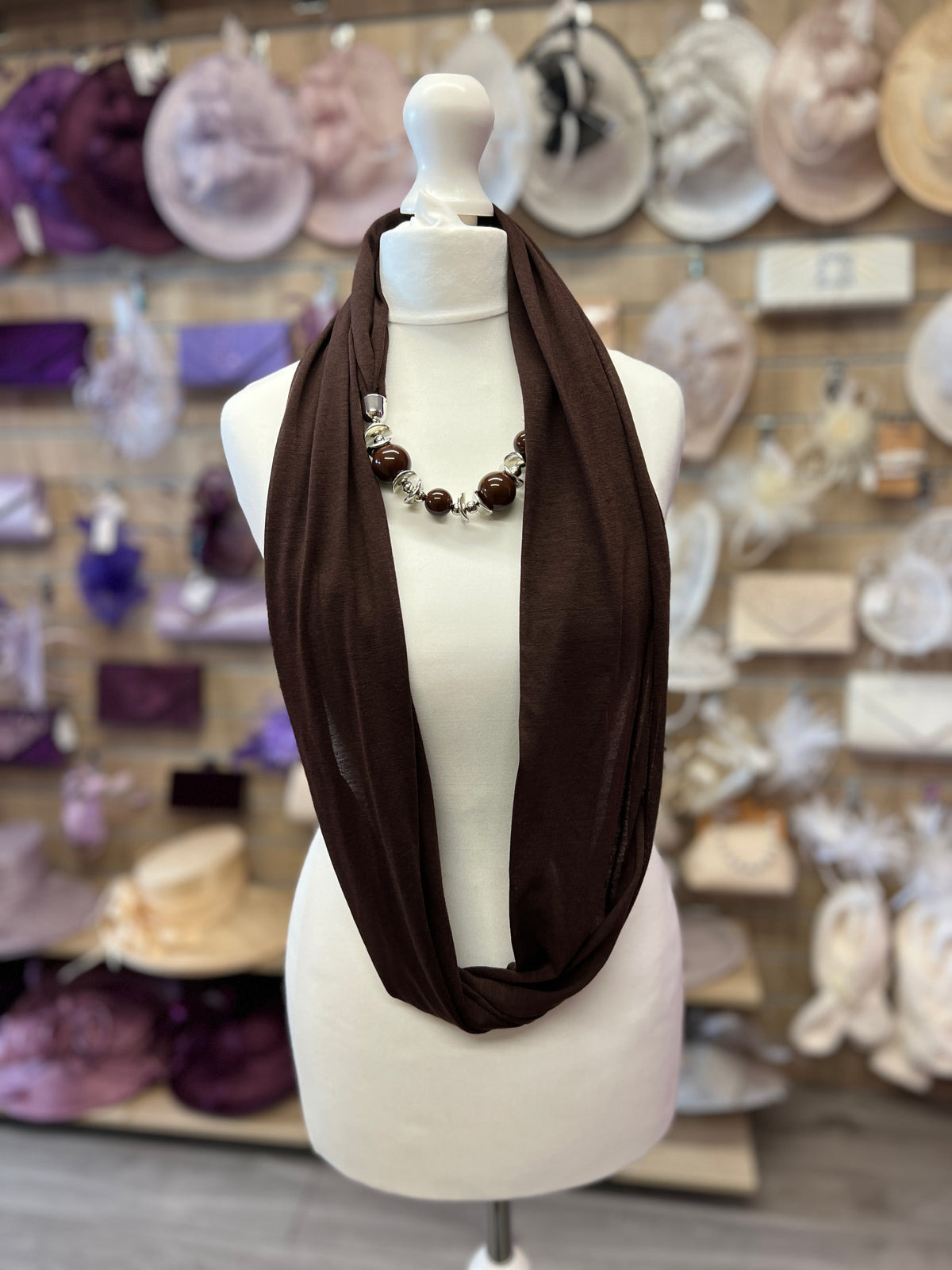Brown Scarf Necklace With Beads-Fascinators Direct