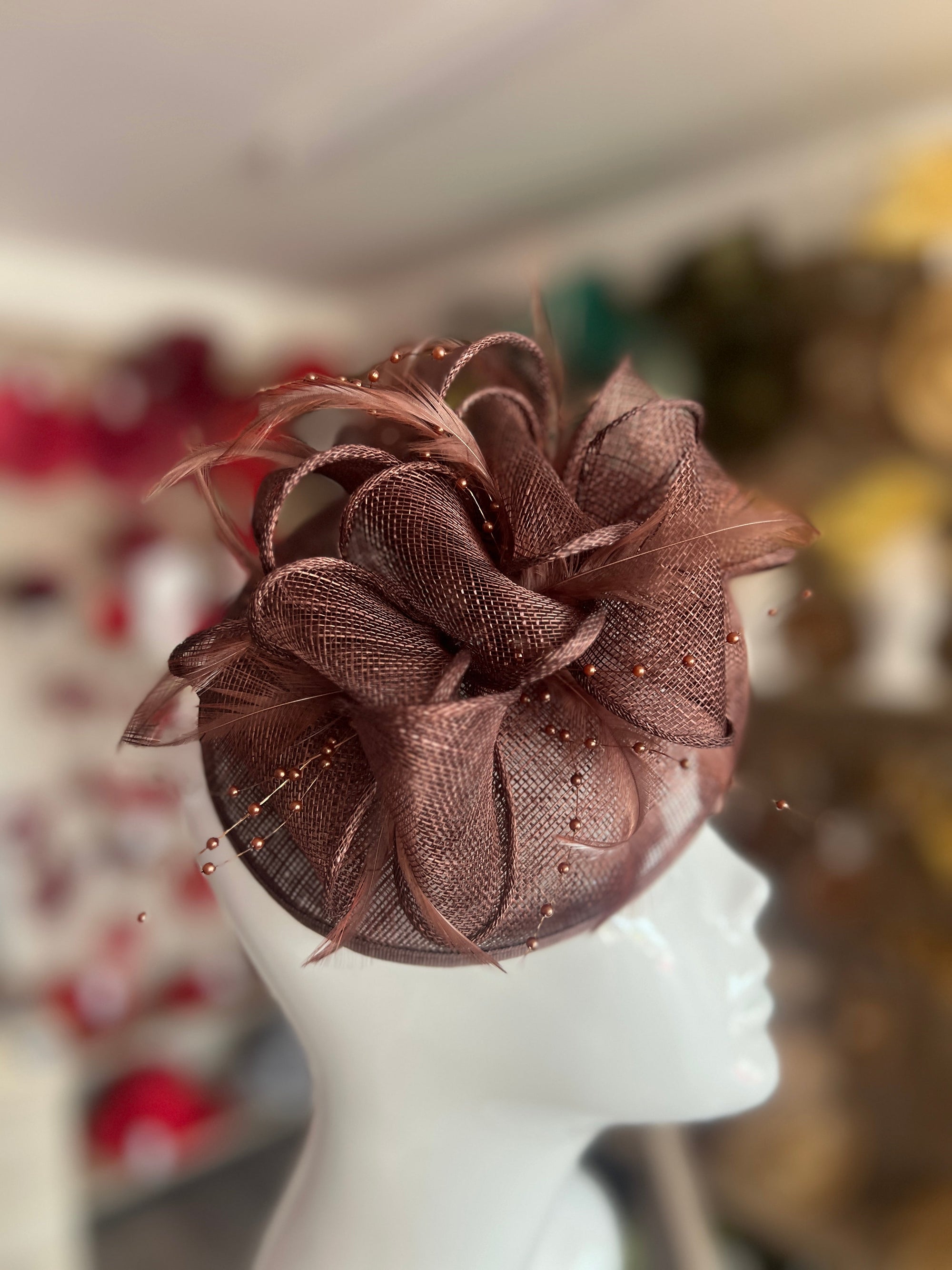 Brown Sinamay Pillbox Fascinator with Feathers & Beads-Fascinators Direct