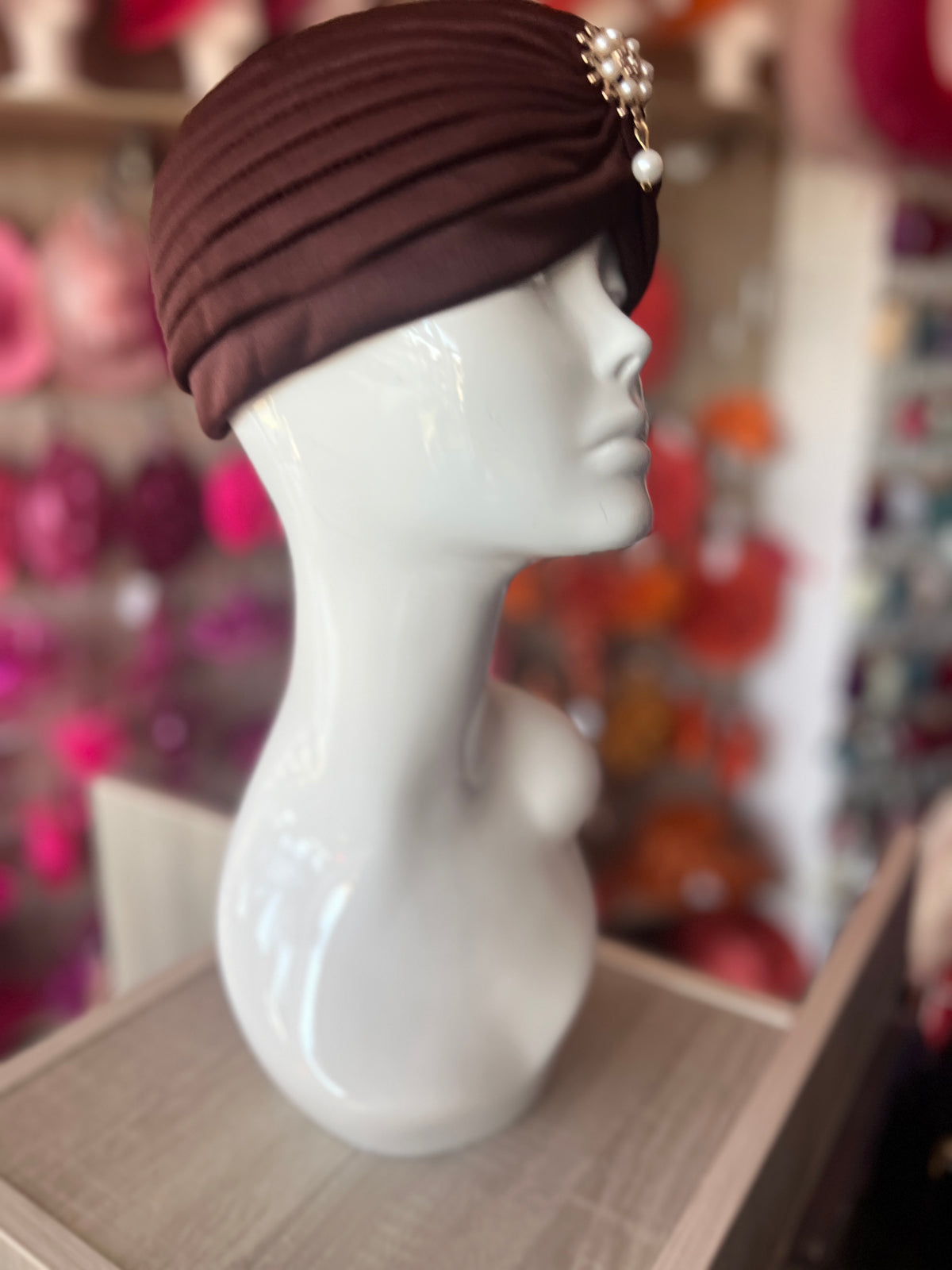 Brown Turban Hat With Diamante &amp; Pearl Embellishment-Fascinators Direct
