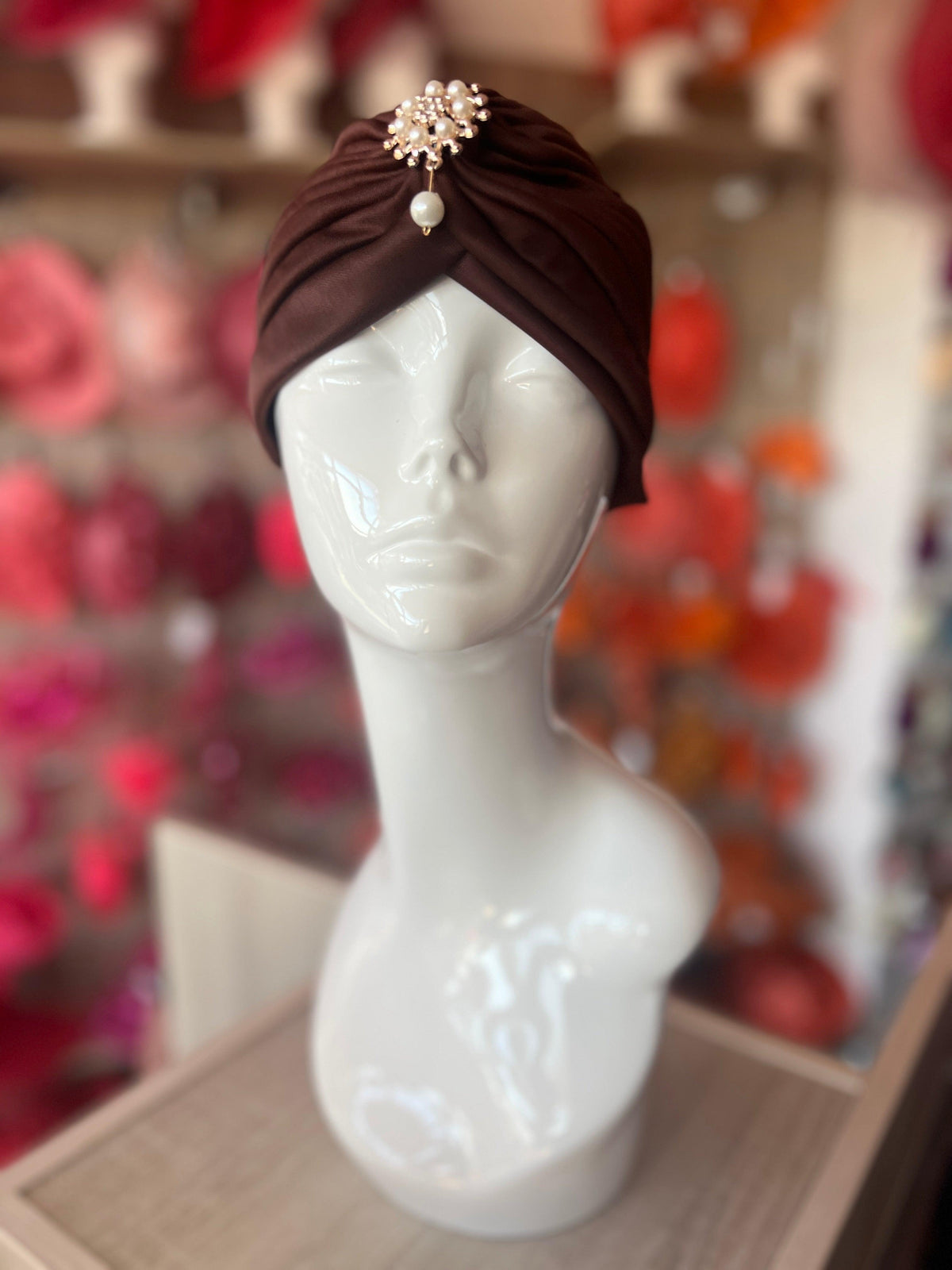Brown Turban Hat With Diamante &amp; Pearl Embellishment-Fascinators Direct