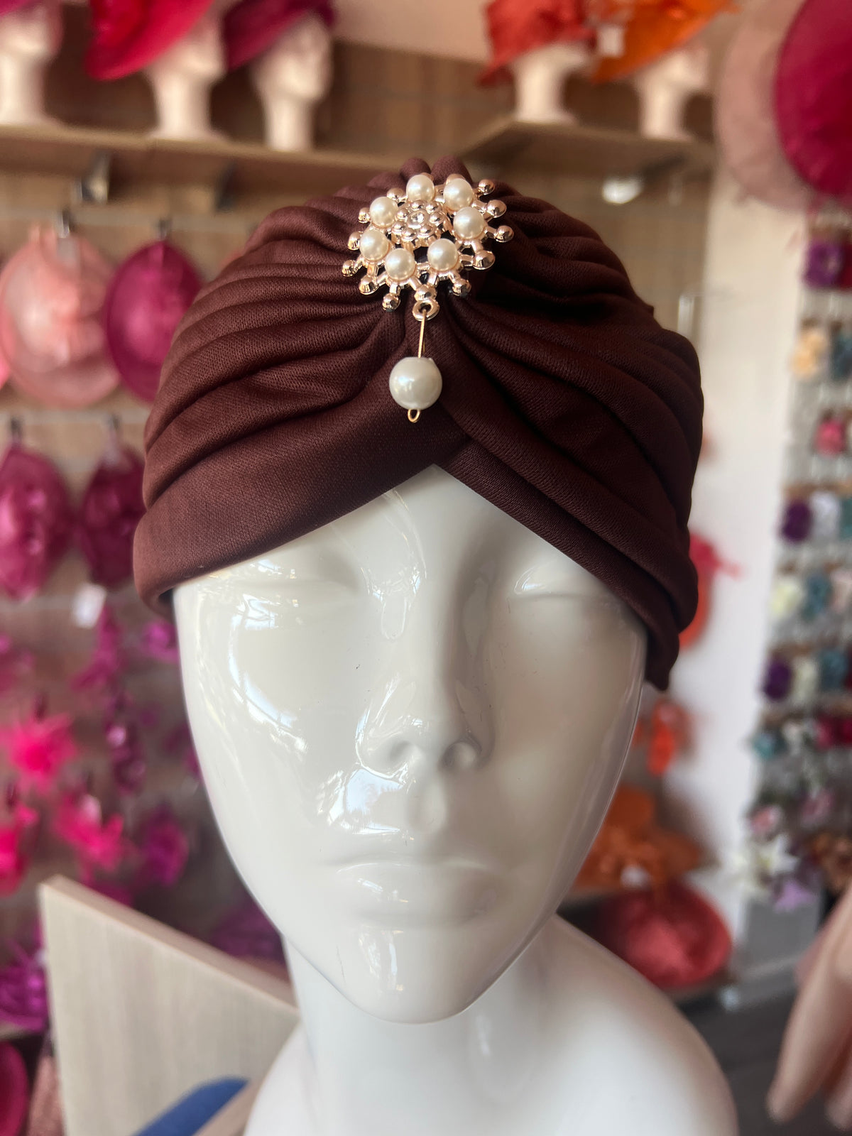 Brown Turban Hat With Diamante &amp; Pearl Embellishment-Fascinators Direct