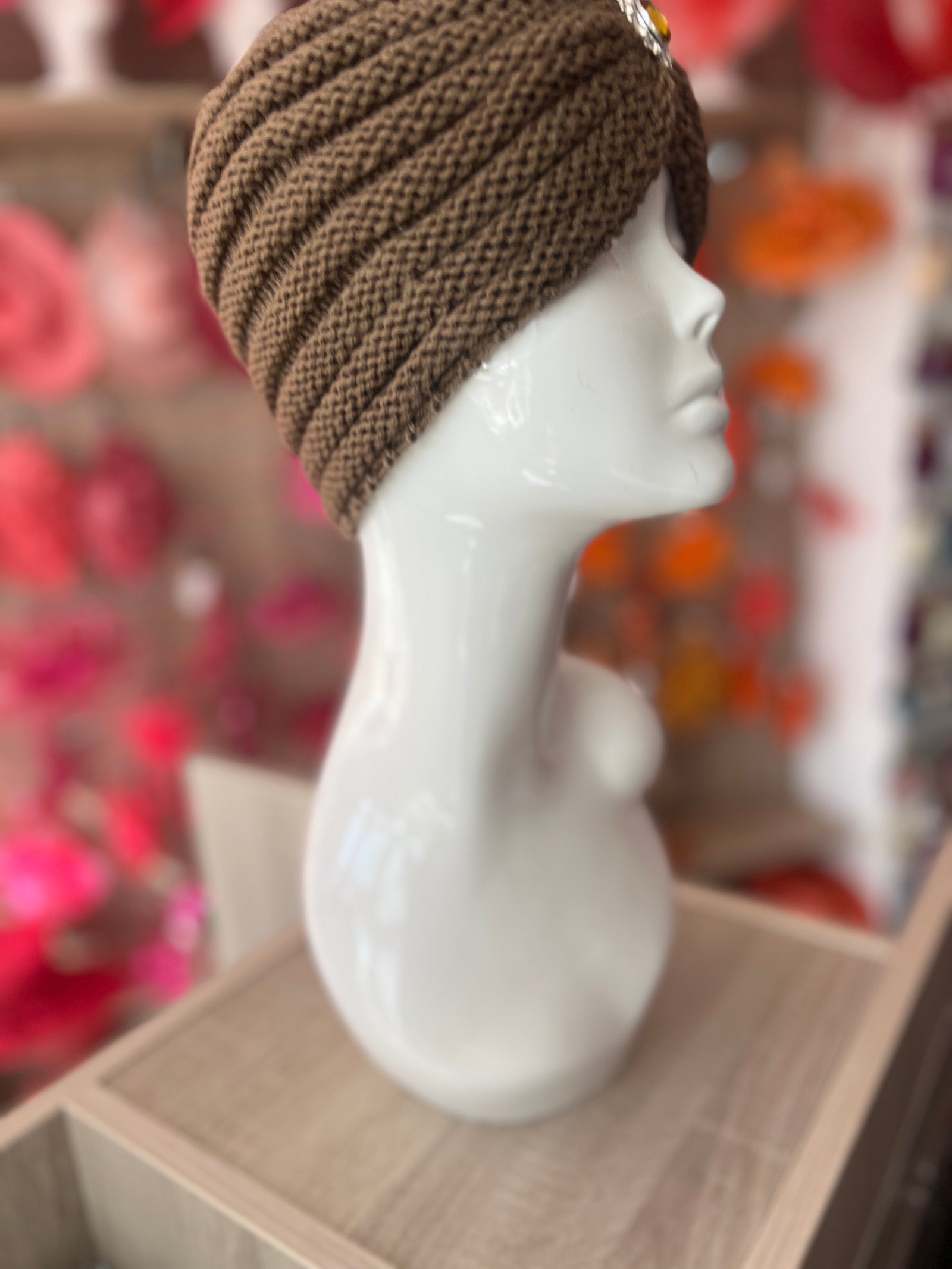 Brown Winter Turban Hat With Embellishment-Fascinators Direct
