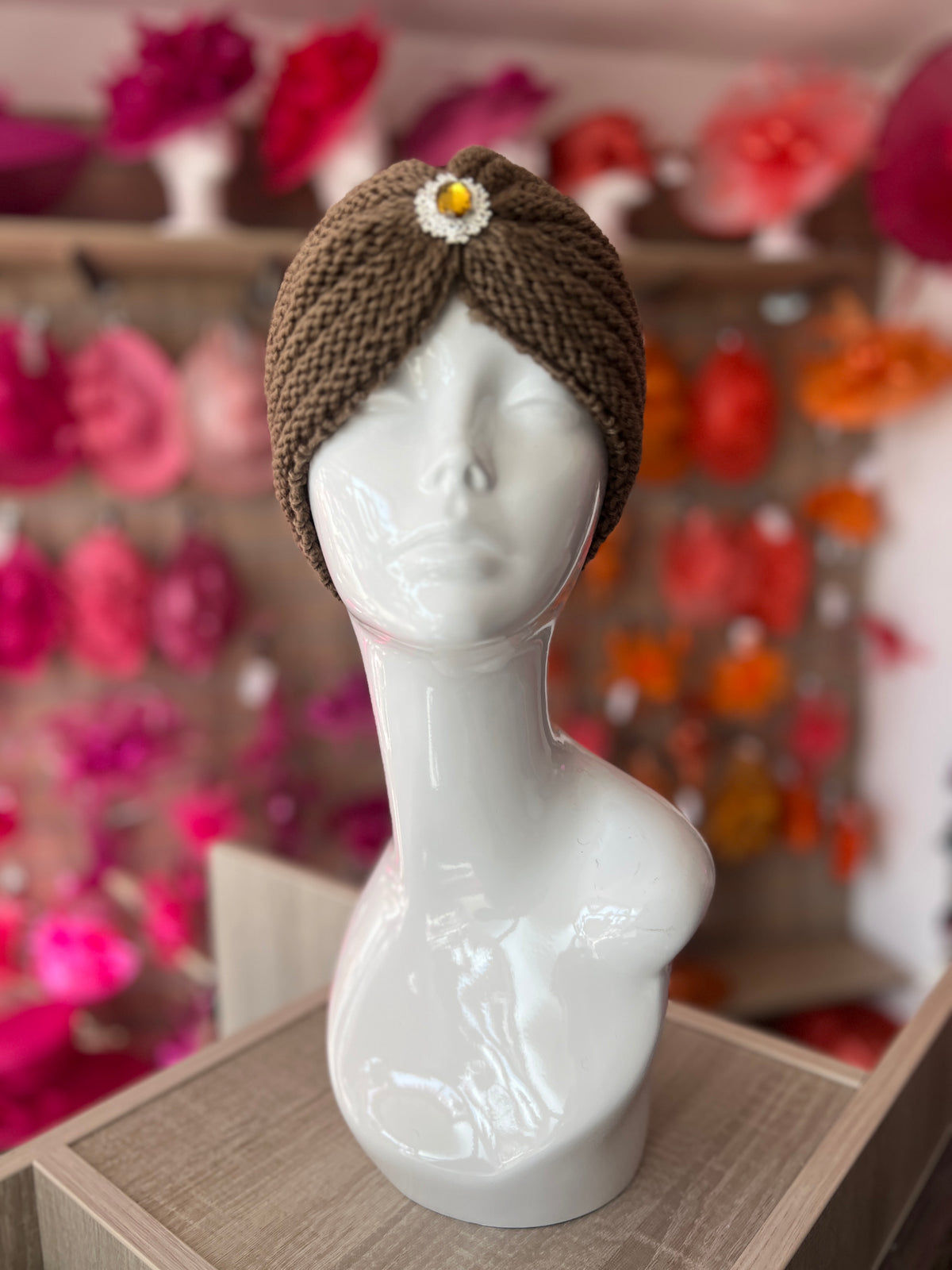 Brown Winter Turban Hat With Embellishment-Fascinators Direct