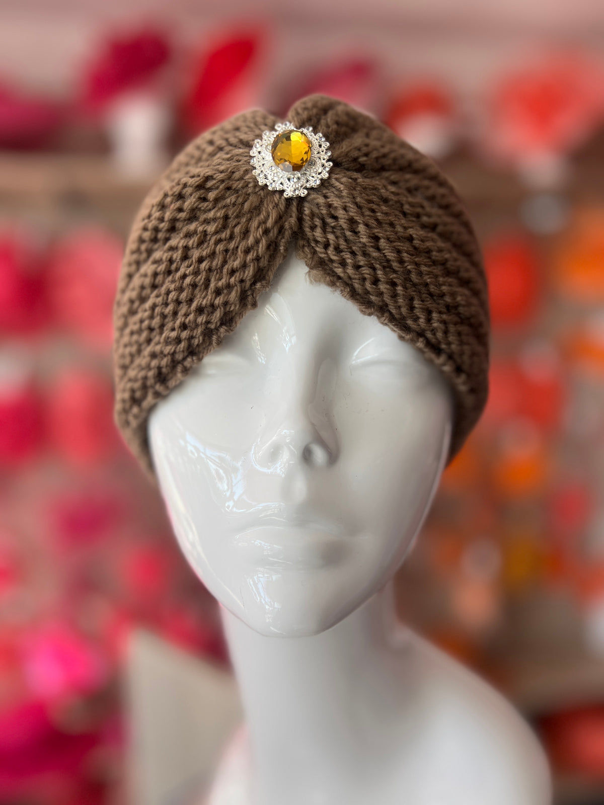 Brown Winter Turban Hat With Embellishment-Fascinators Direct