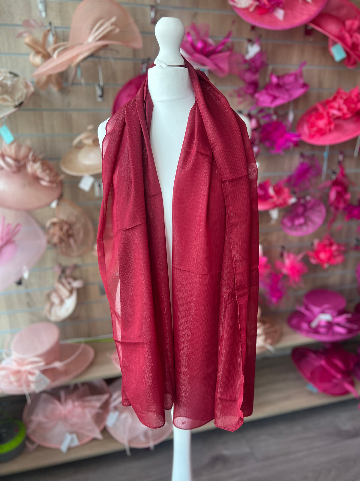 Burgundy Chiffon Scarf With Silver Shimmer-Fascinators Direct