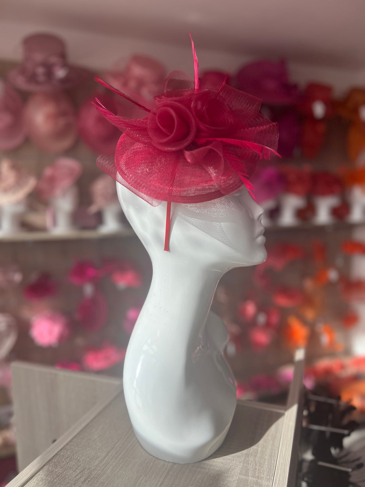 Burgundy Disc Fascinator With Floral Design &amp; Feathers-Fascinators Direct