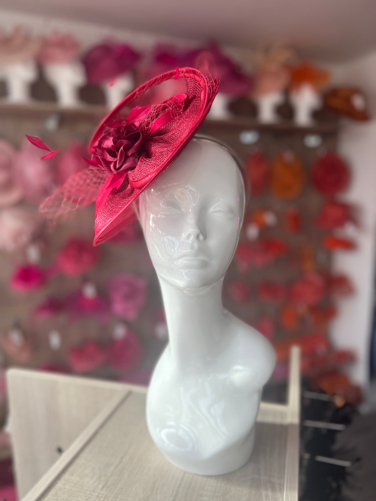 Burgundy Disc Fascinator with Fabric Rose &amp; Netting-Fascinators Direct