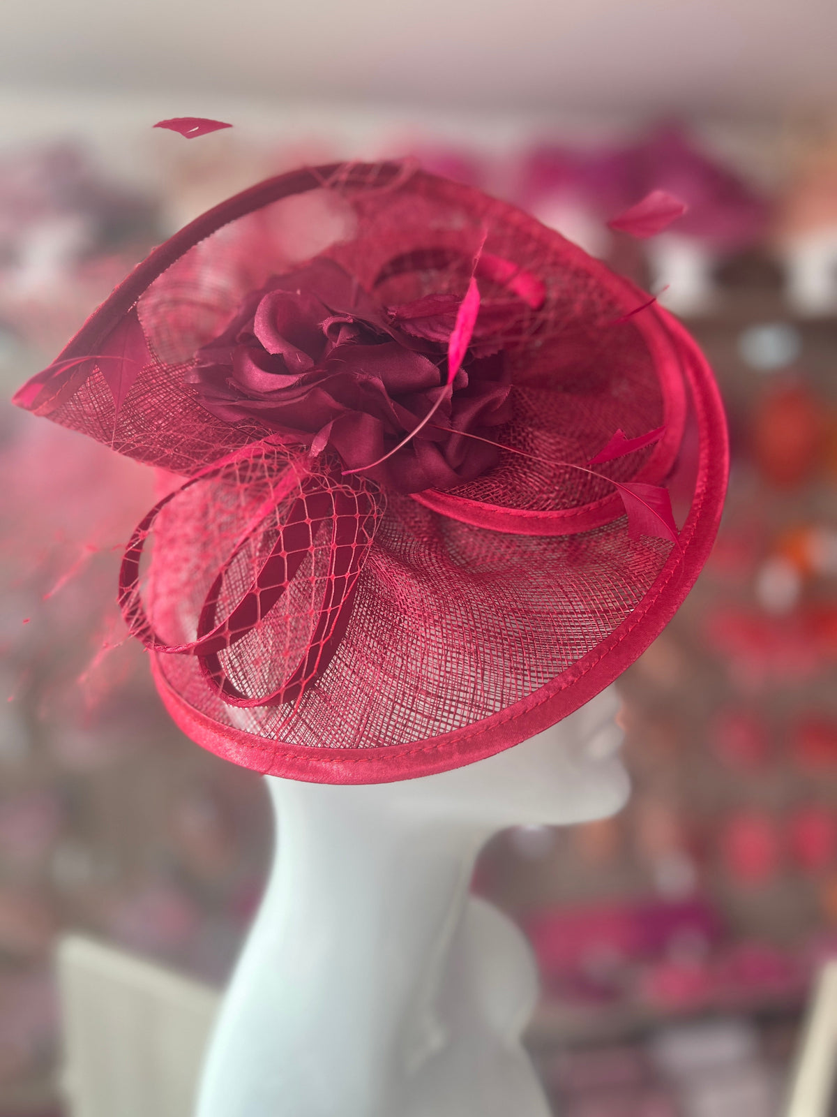 Burgundy Disc Fascinator with Fabric Rose &amp; Netting-Fascinators Direct