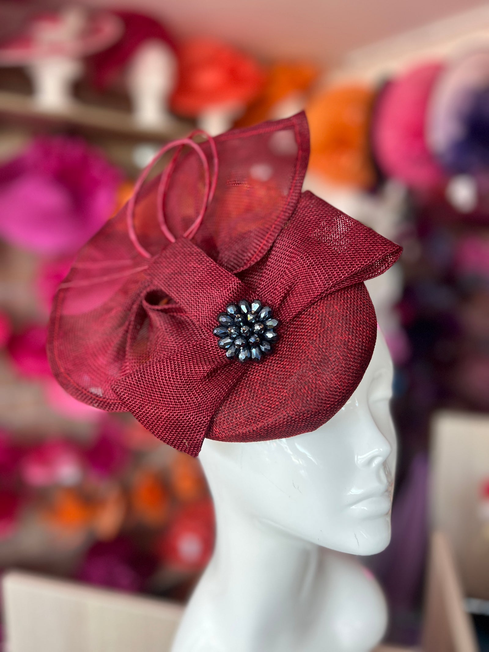 Burgundy Fan Pillbox With Beaded Cluster & Quill-Fascinators Direct