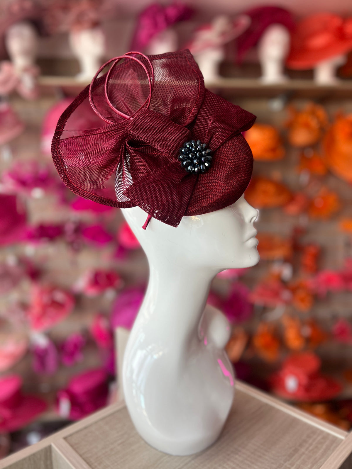 Burgundy Fan Pillbox With Beaded Cluster &amp; Quill-Fascinators Direct