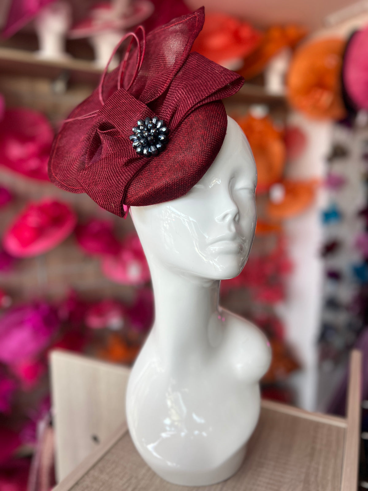 Burgundy Fan Pillbox With Beaded Cluster &amp; Quill-Fascinators Direct