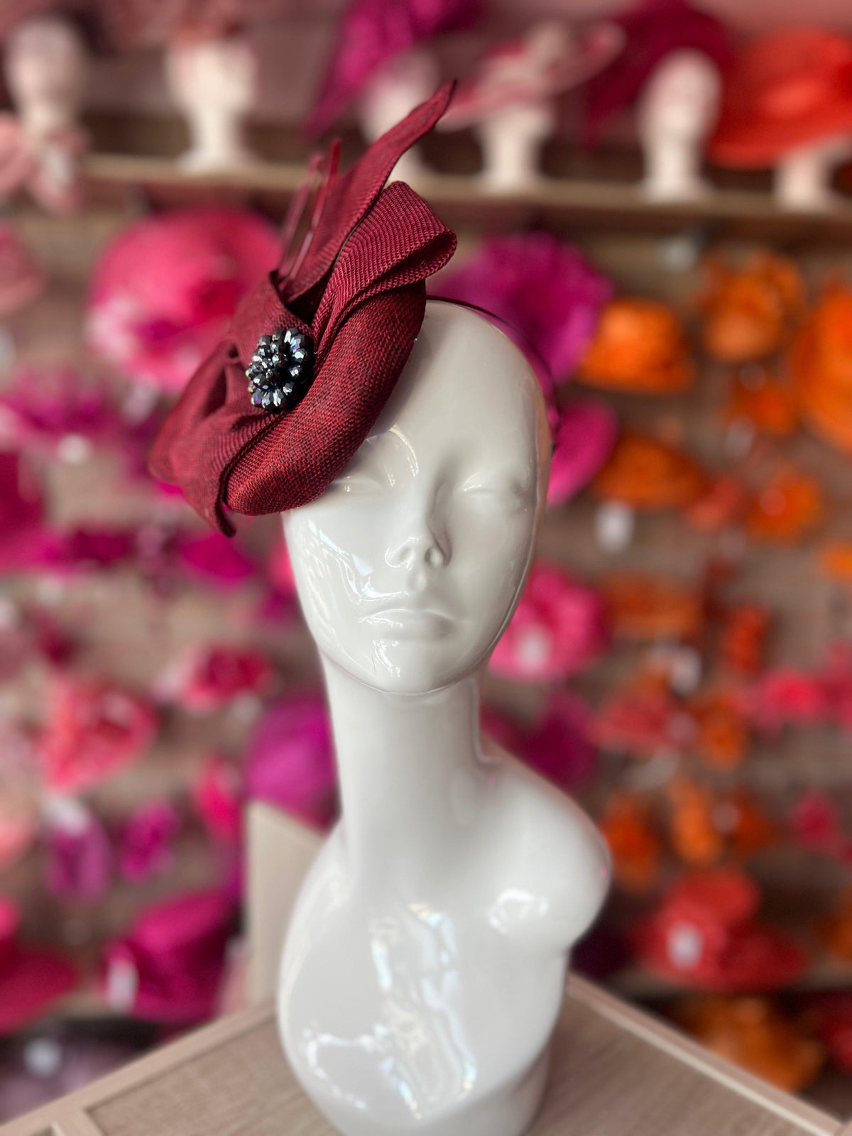 Burgundy Fan Pillbox With Beaded Cluster &amp; Quill-Fascinators Direct