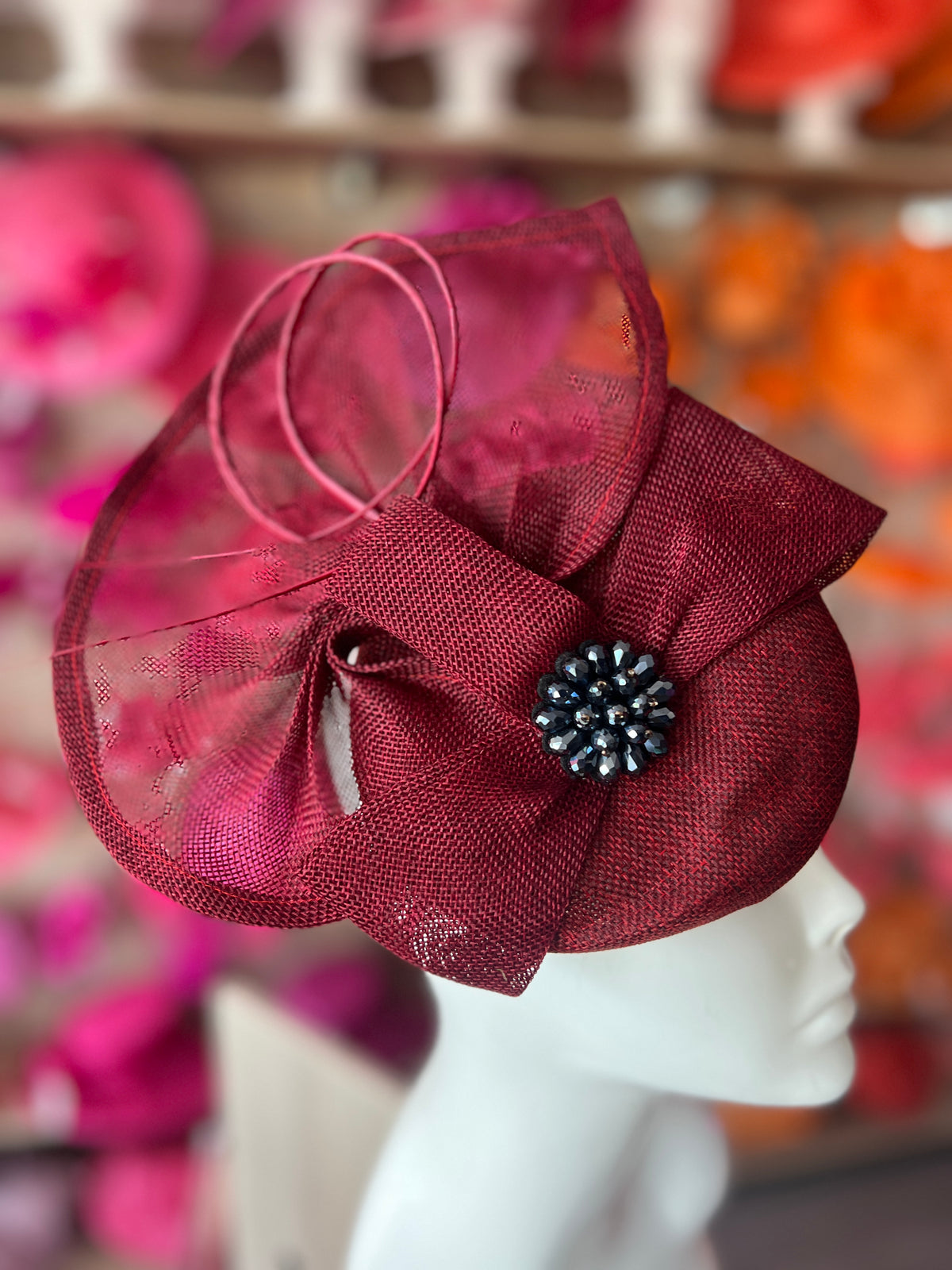 Burgundy Fan Pillbox With Beaded Cluster &amp; Quill-Fascinators Direct