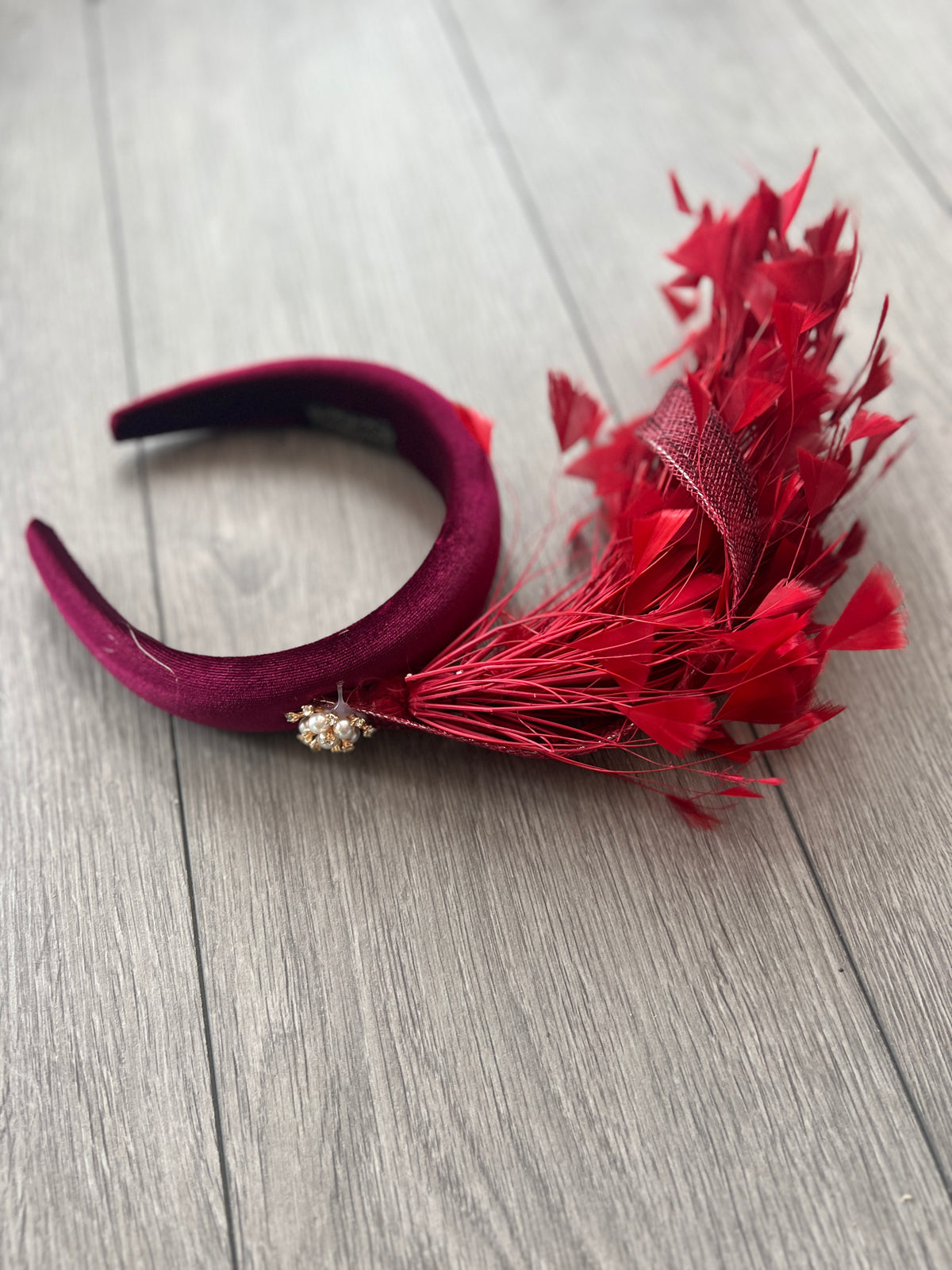 Burgundy Feather Velvet Padded Headband Fascinator With Diamante &amp; Pearl Cluster-Fascinators Direct