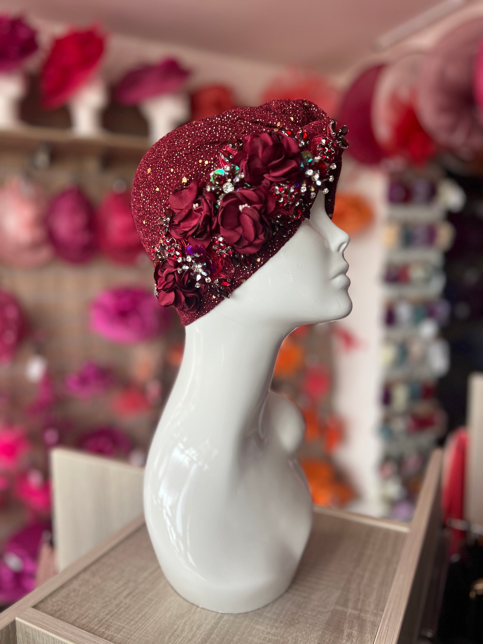 Burgundy Floral Sequin Crystal Turban Hat-Fascinators Direct