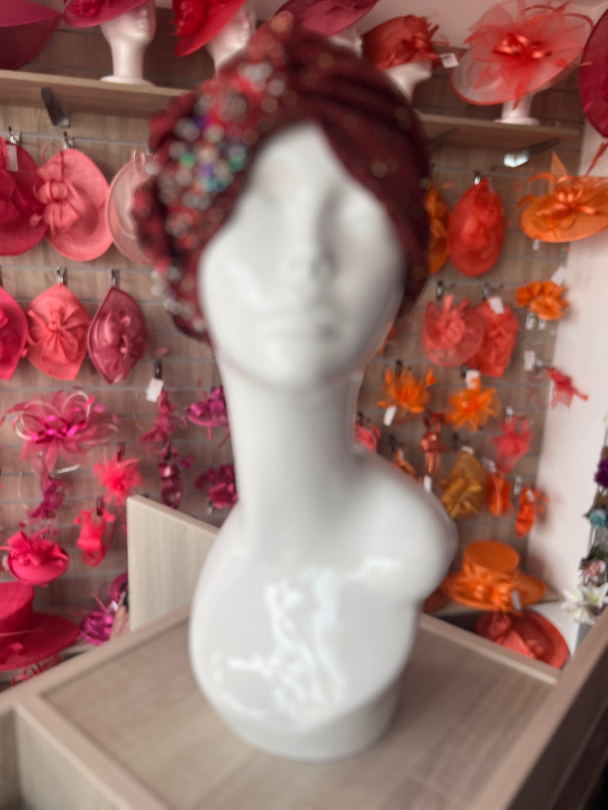 Burgundy Floral Sequin Crystal Turban Hat-Fascinators Direct
