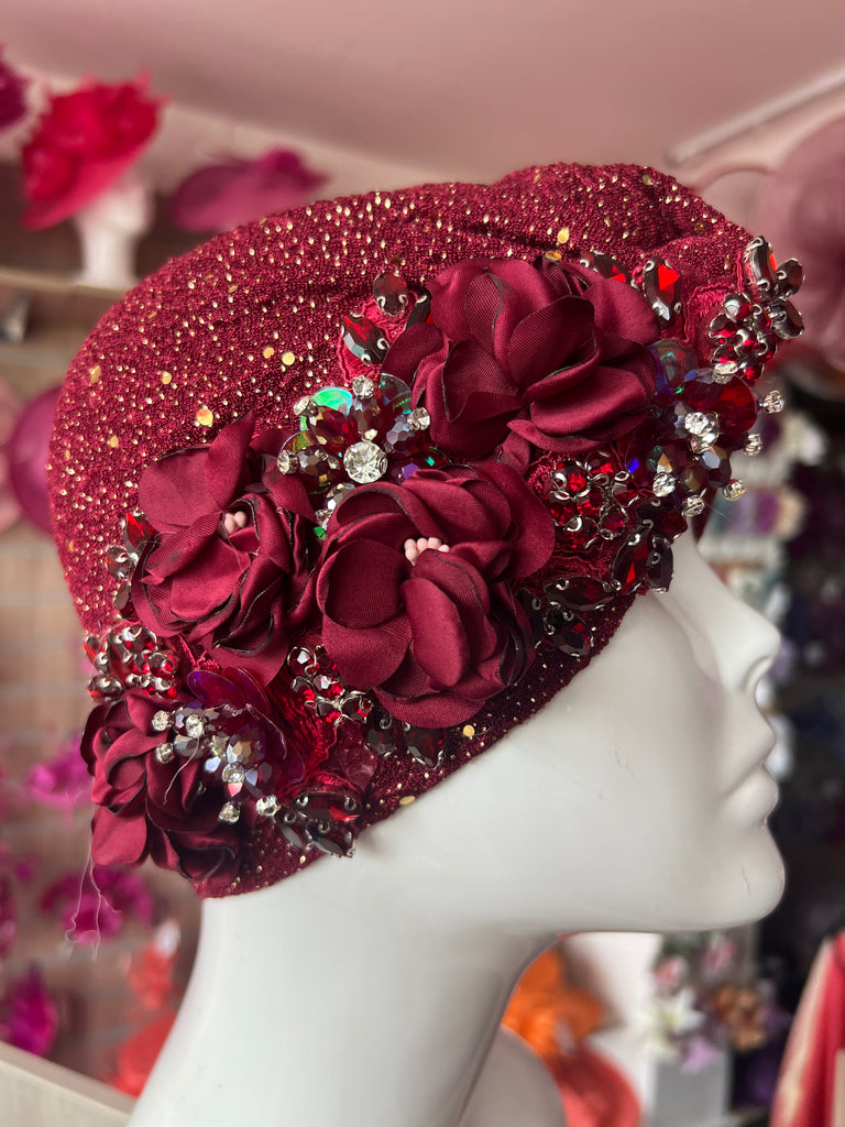 Burgundy Floral Sequin Crystal Turban Hat display picture 1
