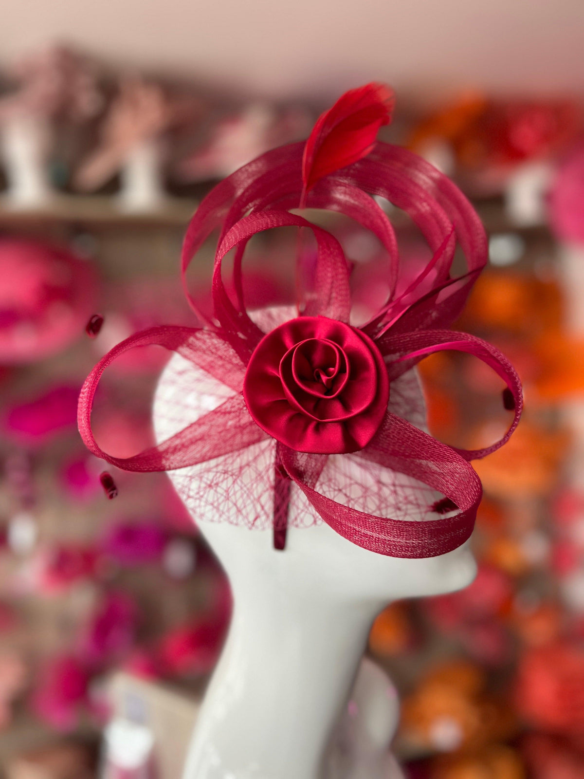 Burgundy Flower Fascinator With Netting &amp; Feathers-Fascinators Direct