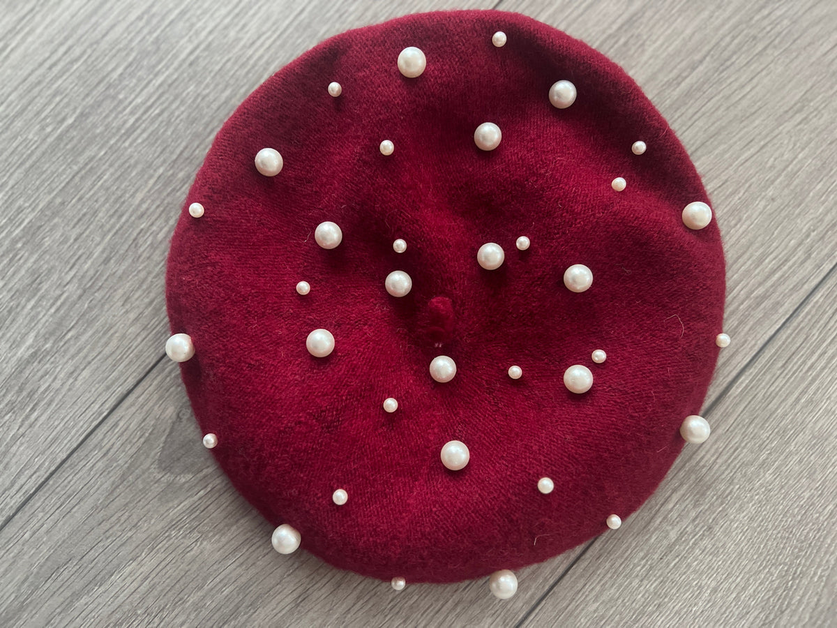 Burgundy Pearl Embellished Beret Hat-Fascinators Direct