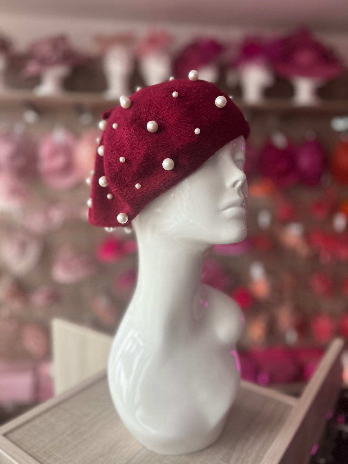 Burgundy Pearl Embellished Beret Hat-Fascinators Direct