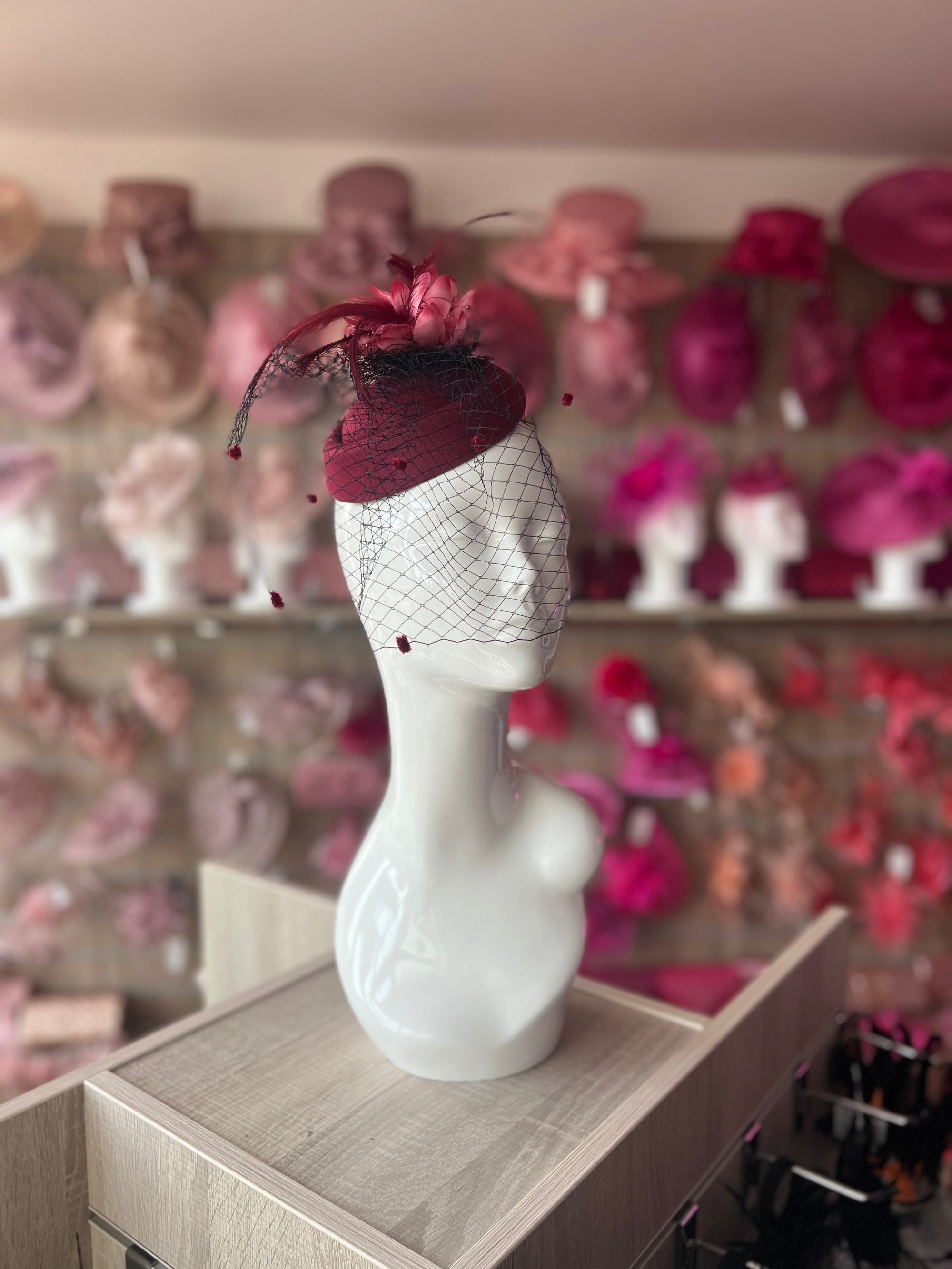 Burgundy Pillbox Hat Fascinator With Flower & Veil-Fascinators Direct